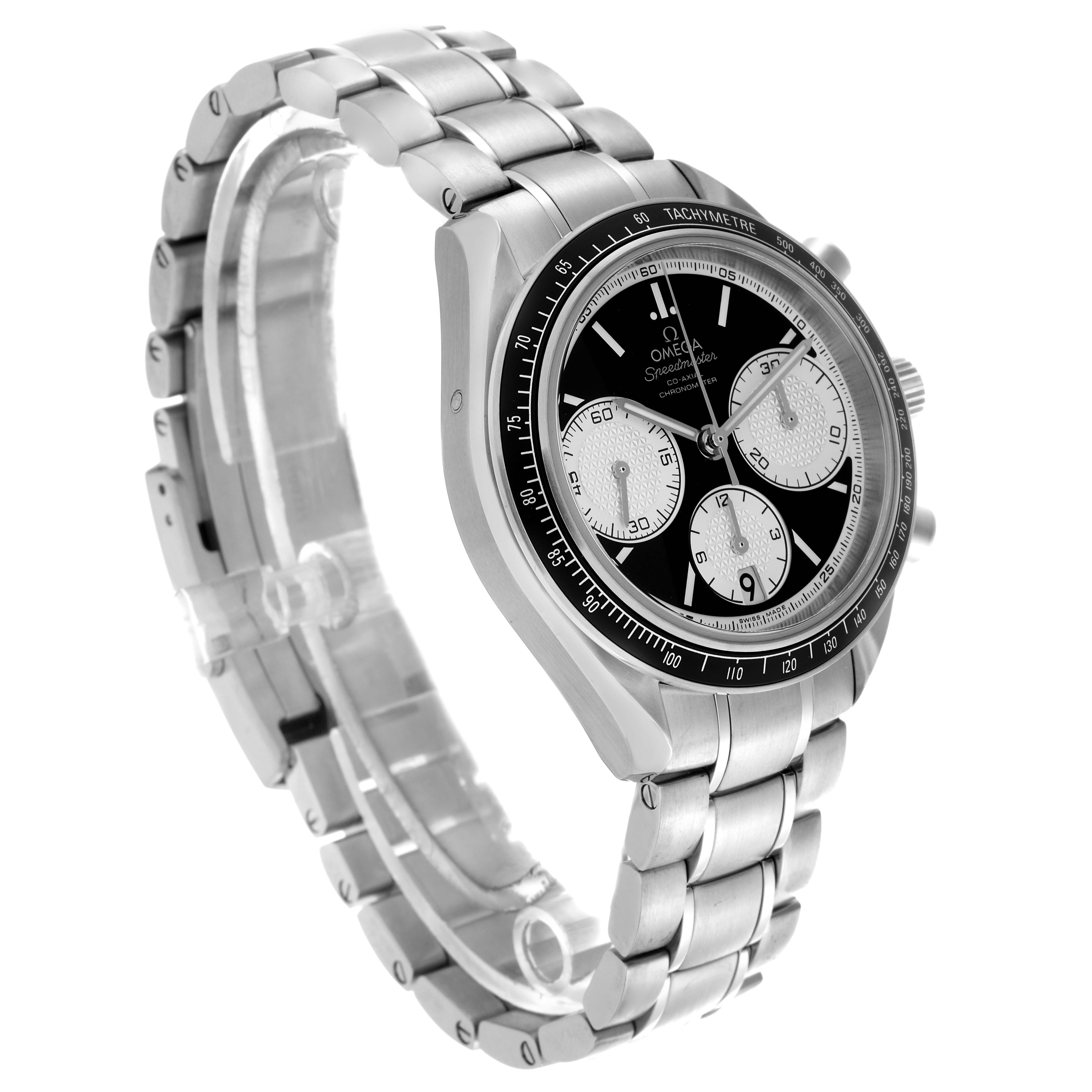 The Omega Speedmaster 326.30.40.50.01.002 Men's Stainless Steel Black Dial 326.30.40.50.01.002 Men's Stainless Steel Black Dial watch is shown at a three-quarter angle, highlighting the bracelet, case, bezel, and dial.