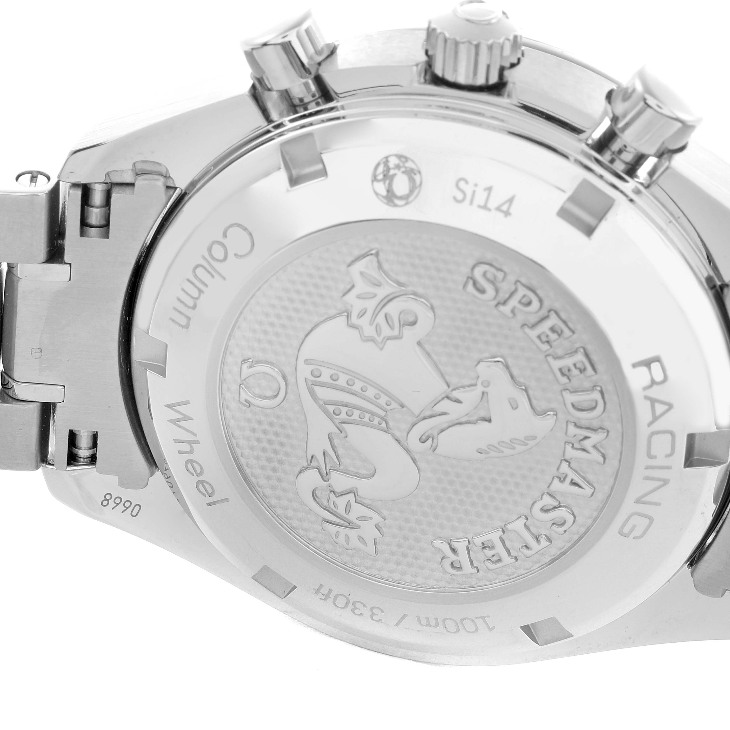 The image shows the back of an Omega Speedmaster 326.30.40.50.01.002 Men's Stainless Steel Black Dial 326.30.40.50.01.002 Men's Stainless Steel Black Dial, highlighting the case back and side buttons.