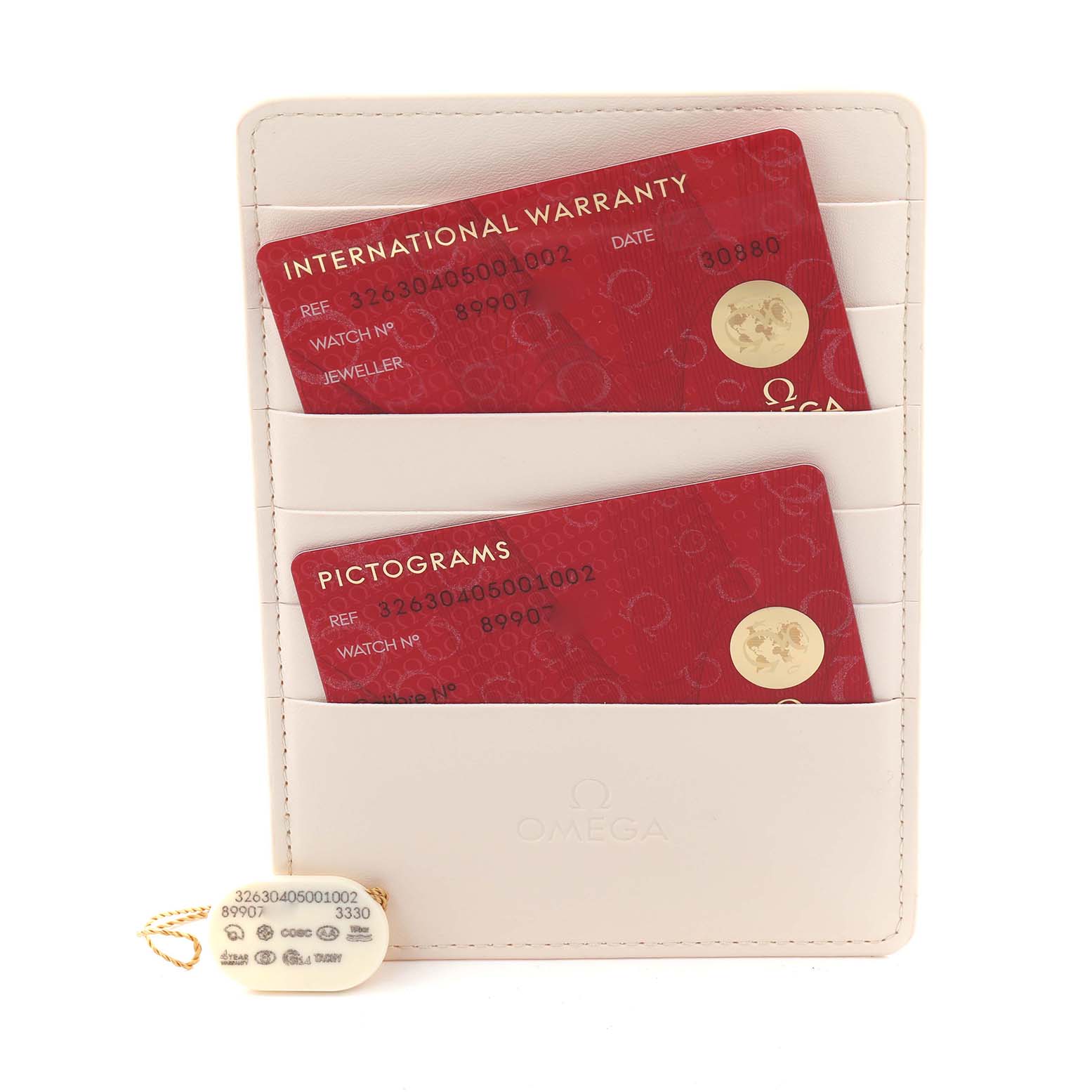 The image displays Omega Speedmaster 326.30.40.50.01.002 Men's Stainless Steel Black Dial 326.30.40.50.01.002 Men's Stainless Steel Black Dial model accessories, including warranty and pictogram cards, in a cardholder.