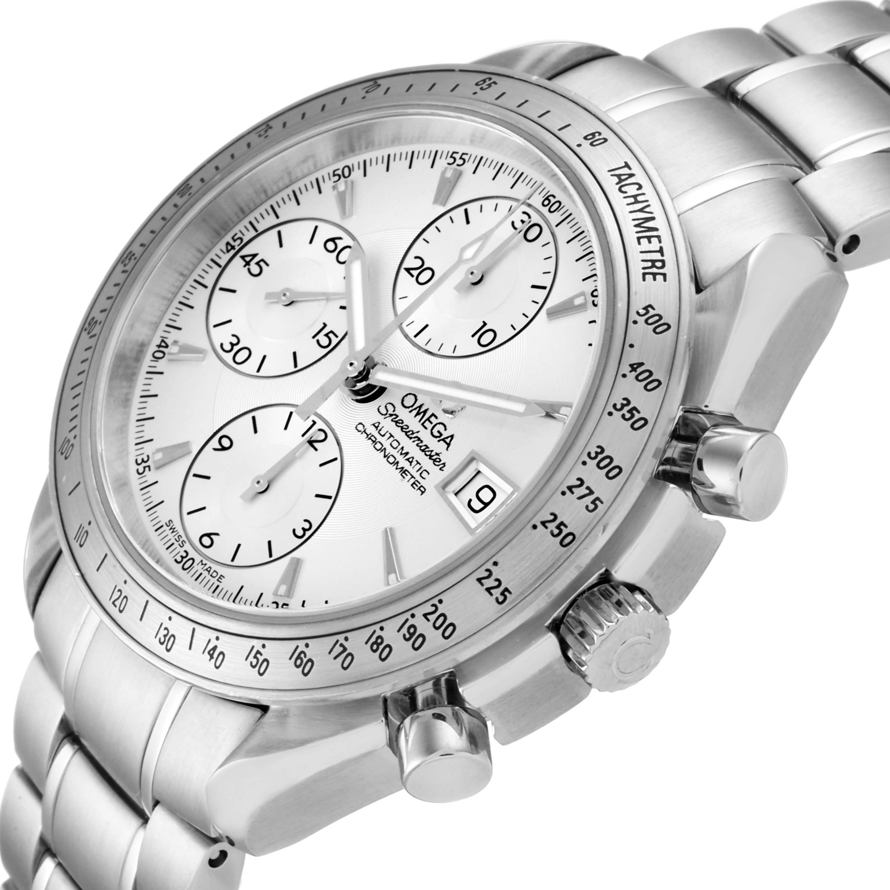 The Omega Speedmaster 3211.30.00 Men's Stainless Steel Silver Dial 3211.30.00 Men's Stainless Steel Silver Dial watch is shown at an angled close-up, highlighting the dial, chronograph subdials, bezel, and bracelet.