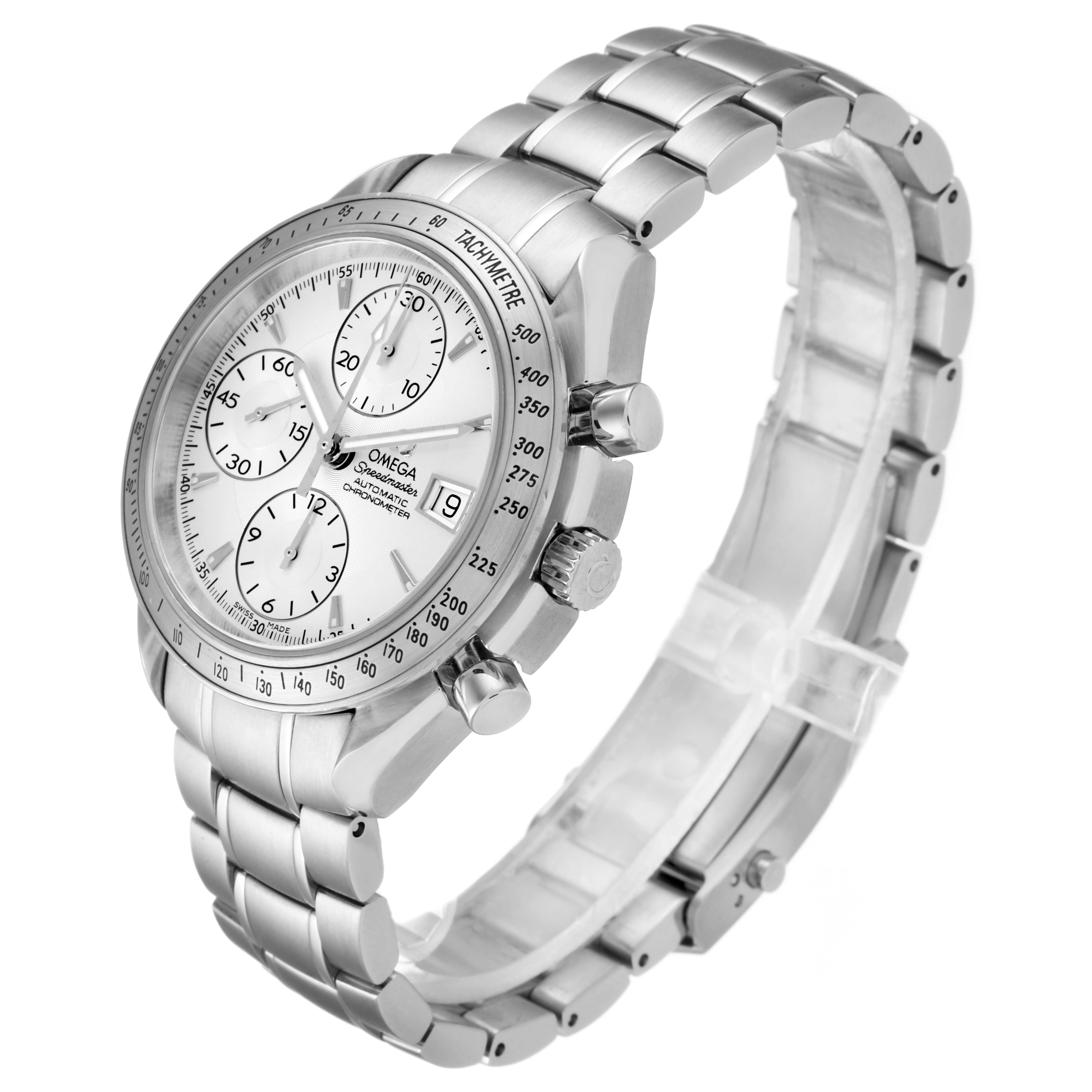 The image shows a three-quarter view of an Omega Speedmaster 3211.30.00 Men's Stainless Steel Silver Dial 3211.30.00 Men's Stainless Steel Silver Dial watch, highlighting its dial, chronograph buttons, and stainless steel bracelet.