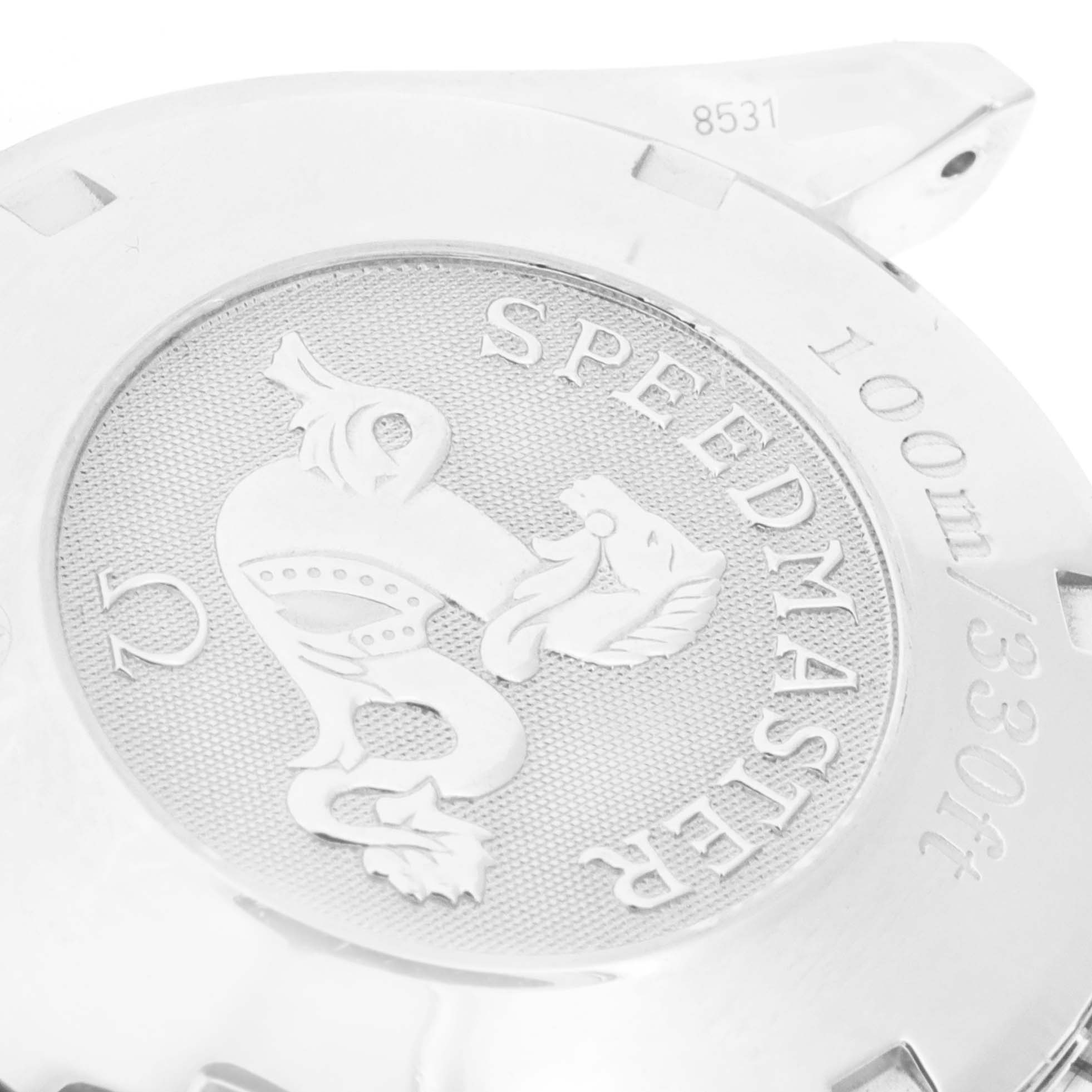 The image shows the back case of an Omega Speedmaster 3211.30.00 Men's Stainless Steel Silver Dial 3211.30.00 Men's Stainless Steel Silver Dial watch, highlighting the logo, model name, and water resistance details.