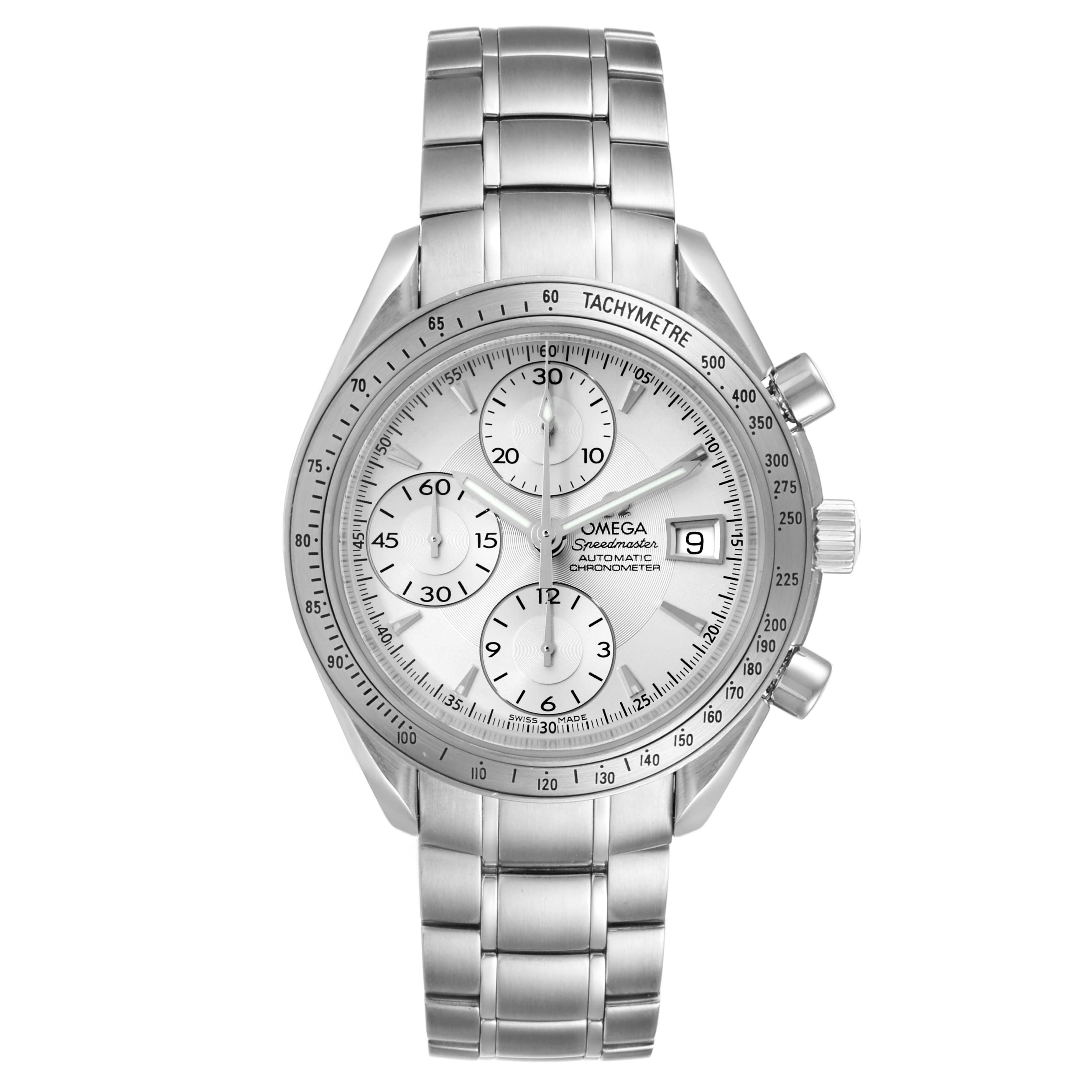 The Omega Speedmaster 3211.30.00 Men's Stainless Steel Silver Dial 3211.30.00 Men's Stainless Steel Silver Dial watch is shown head-on, displaying the face, bracelet, tachymetre bezel, and subdials.