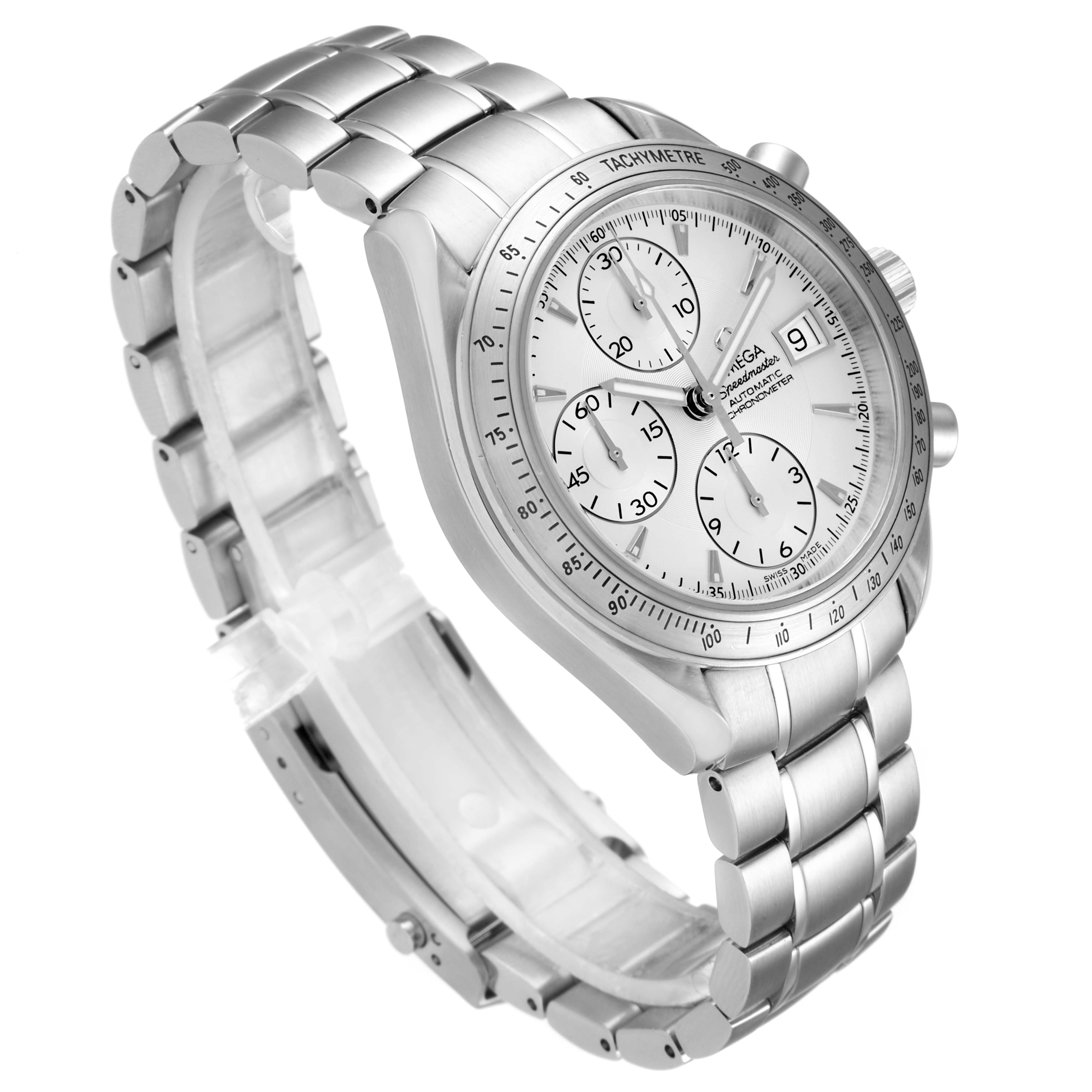 The image shows an Omega Speedmaster 3211.30.00 Men's Stainless Steel Silver Dial 3211.30.00 Men's Stainless Steel Silver Dial watch at a 45-degree angle, highlighting the stainless steel bracelet, dial, and tachymeter bezel.