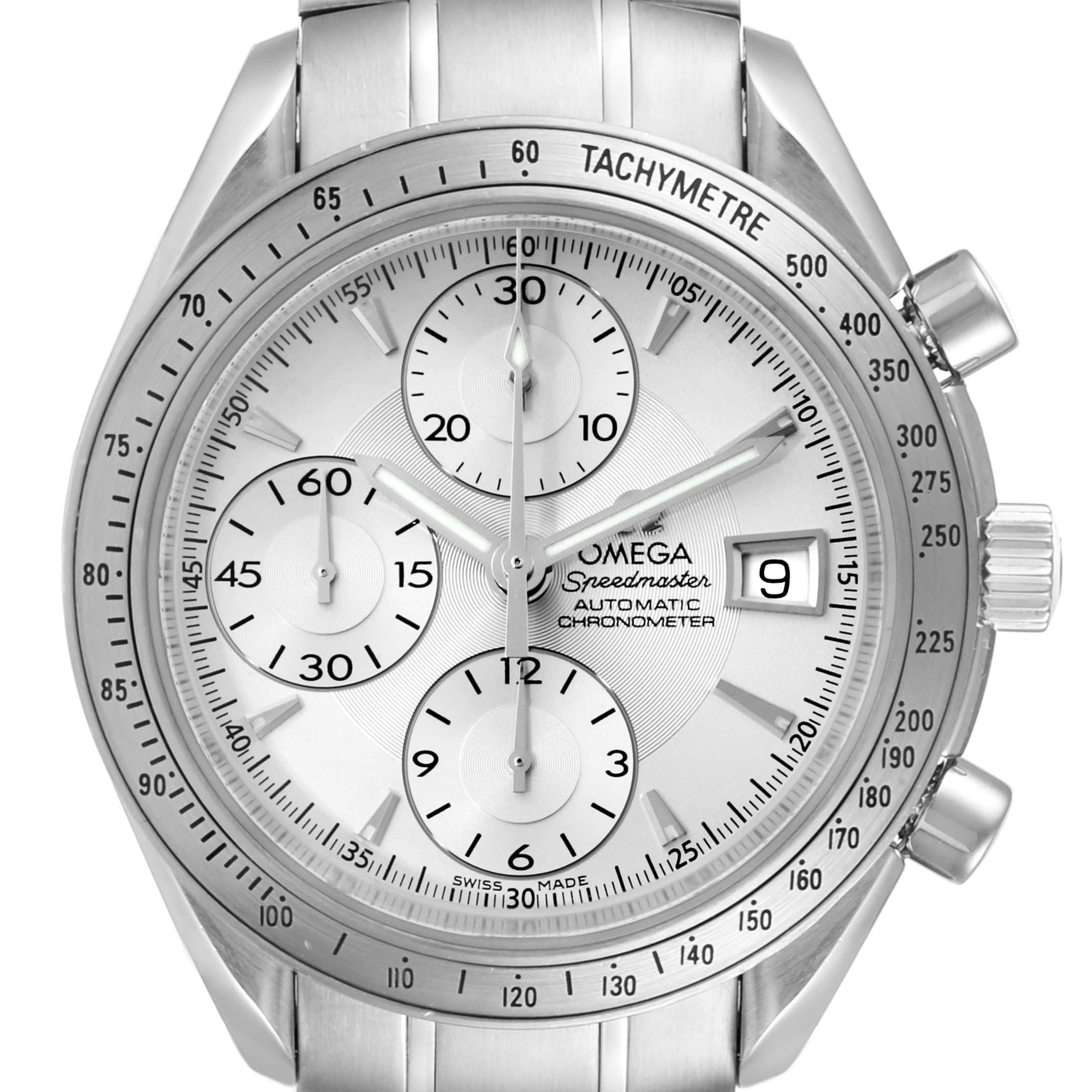 The image shows a front close-up view of an Omega Speedmaster 3211.30.00 Men's Stainless Steel Silver Dial 3211.30.00 Men's Stainless Steel Silver Dial watch, highlighting its chronograph dials, tachymeter bezel, and date window.