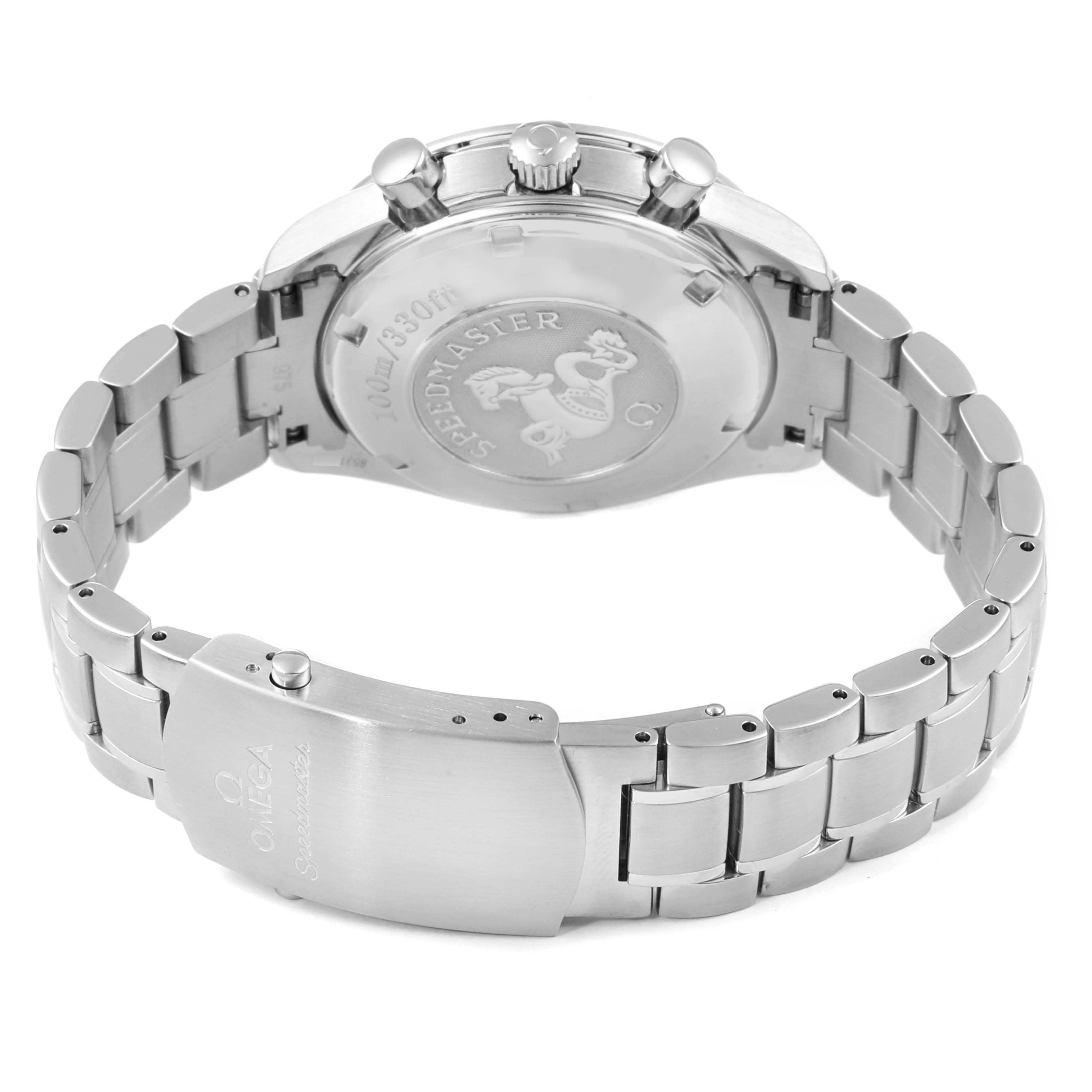 The image shows the back view of an Omega Speedmaster 3211.30.00 Men's Stainless Steel Silver Dial 3211.30.00 Men's Stainless Steel Silver Dial watch, highlighting the clasp and engraved case back.