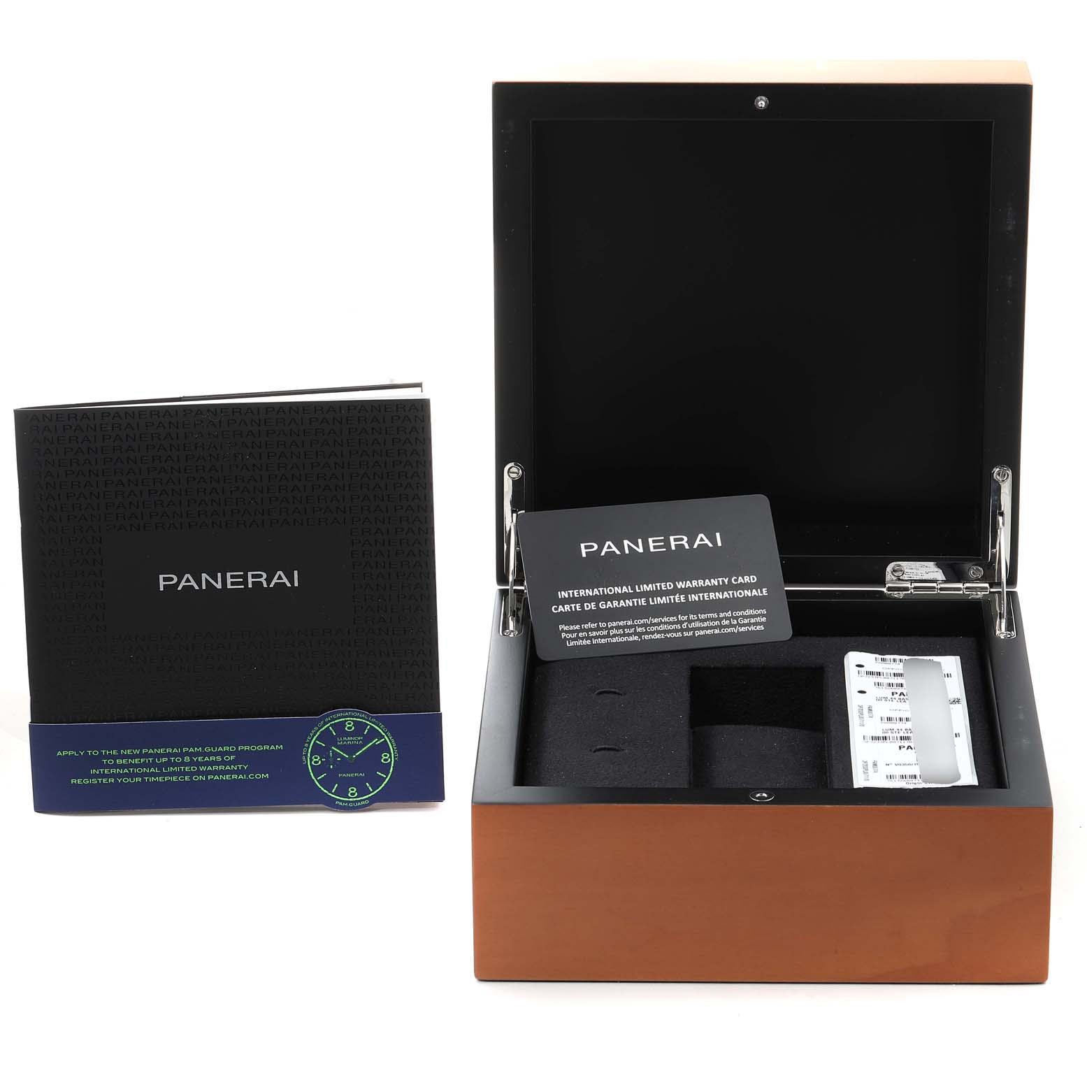 The image shows an open Panerai Luminor PAM00774 Men's Stainless Steel Black Dial PAM00774 Men's Stainless Steel Black Dial watch box, warranty card, and a booklet.