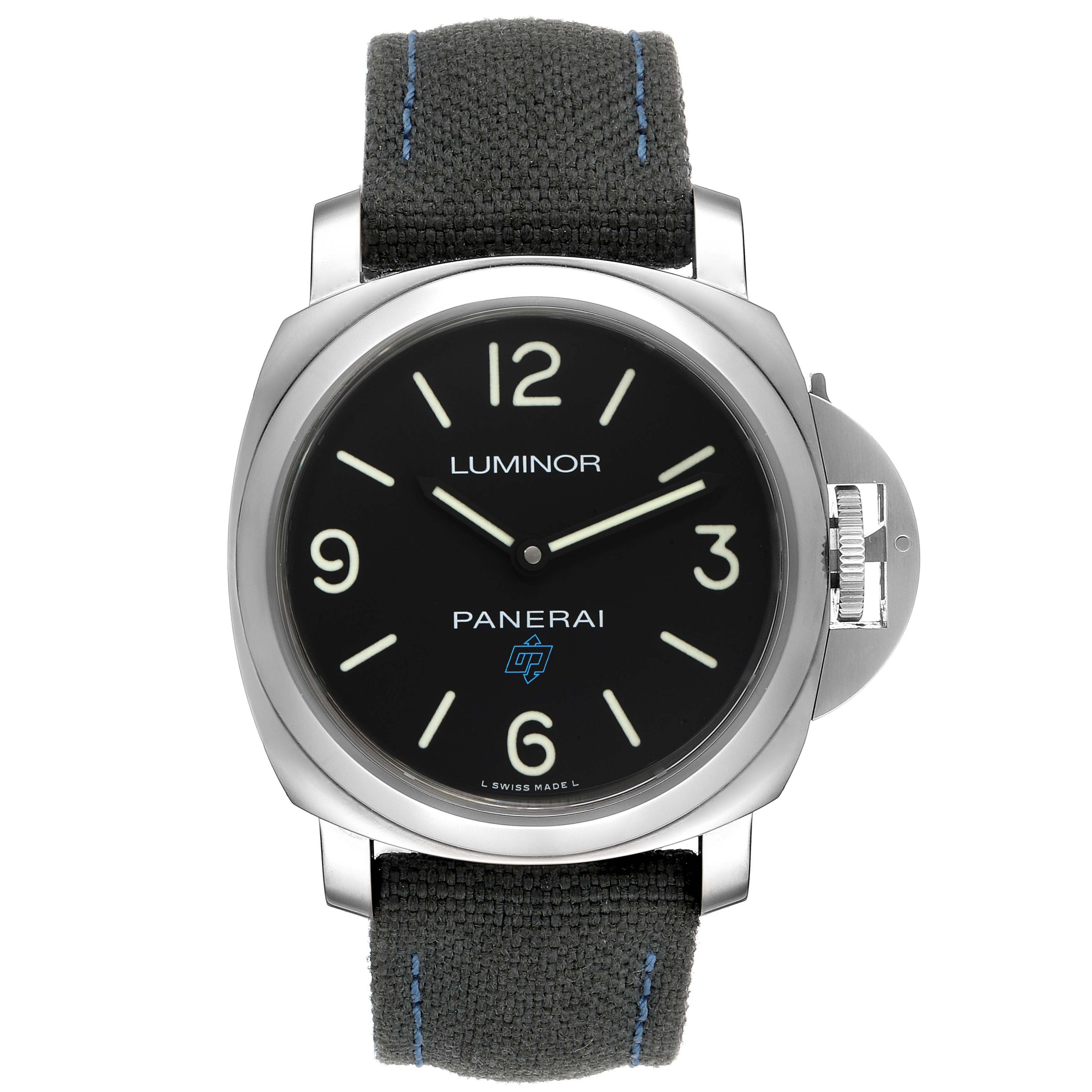 The image shows a front view of a Panerai Luminor PAM00774 Men's Stainless Steel Black Dial PAM00774 Men's Stainless Steel Black Dial watch, highlighting its black dial, numerals, and fabric strap.