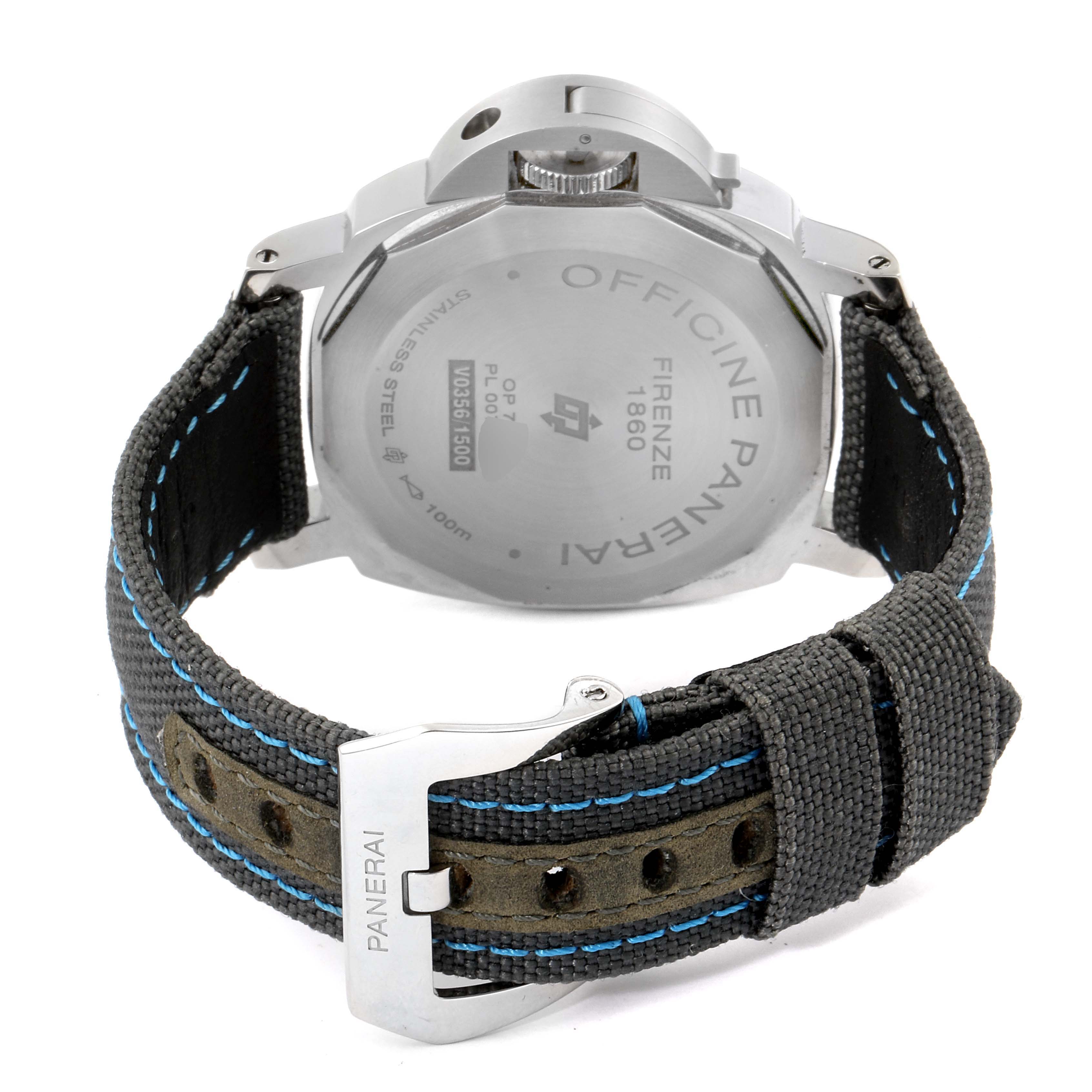 The image shows the back and strap of a Panerai Luminor PAM00774 Men's Stainless Steel Black Dial PAM00774 Men's Stainless Steel Black Dial watch, highlighting the case back and buckle.