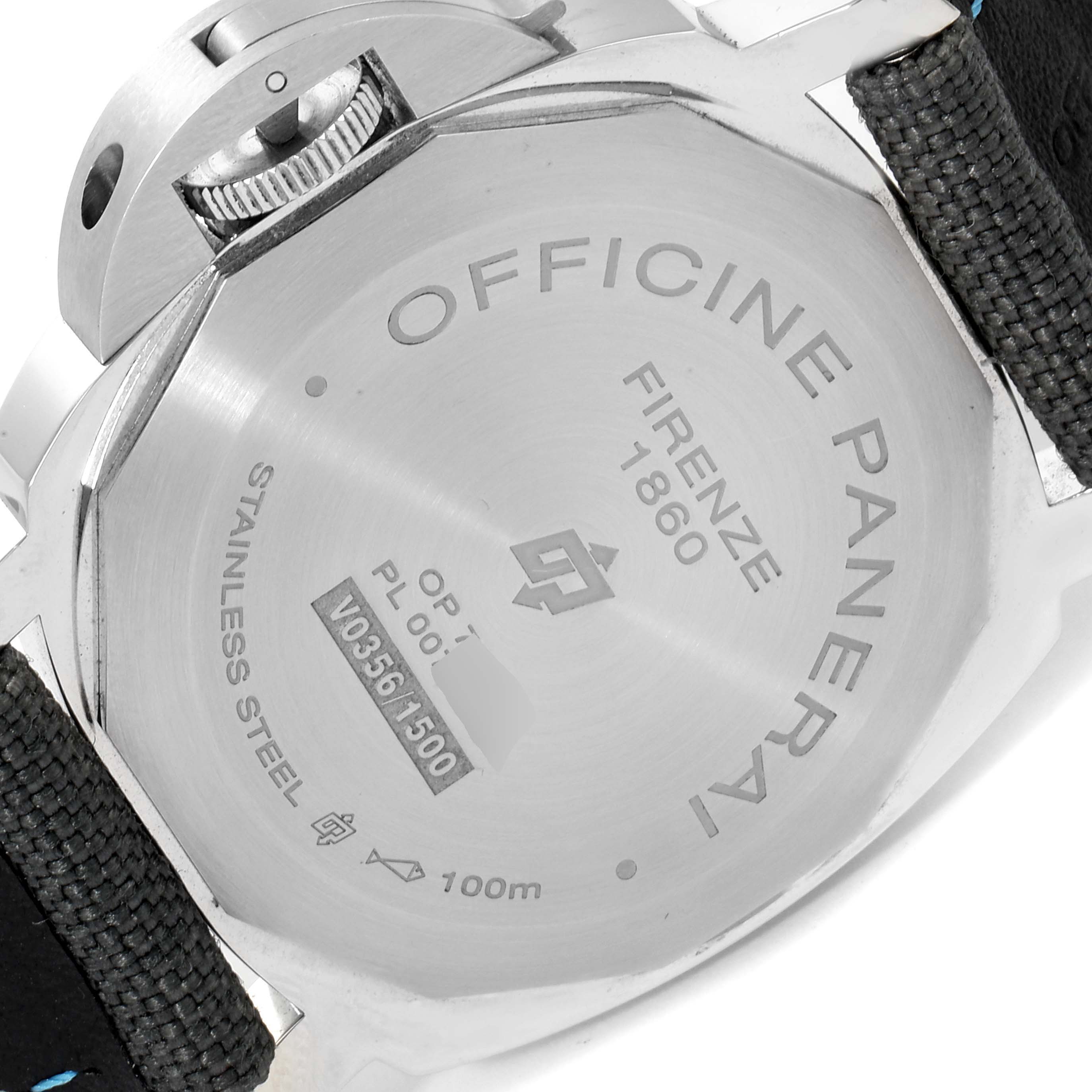 The image shows the back case and crown of a Panerai Luminor PAM00774 Men's Stainless Steel Black Dial PAM00774 Men's Stainless Steel Black Dial watch at an angled view.