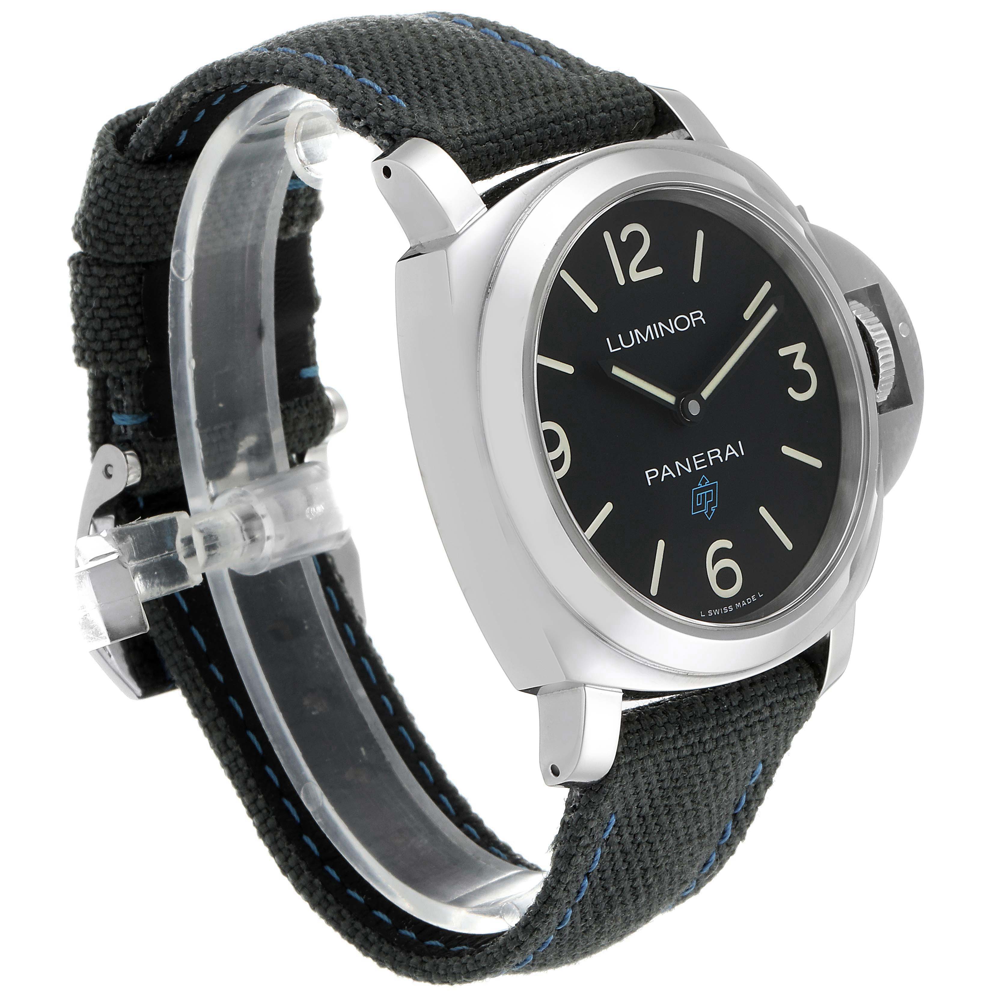 The image shows a side view of the Panerai Luminor PAM00774 Men's Stainless Steel Black Dial PAM00774 Men's Stainless Steel Black Dial watch, highlighting its face, case, and part of the strap.