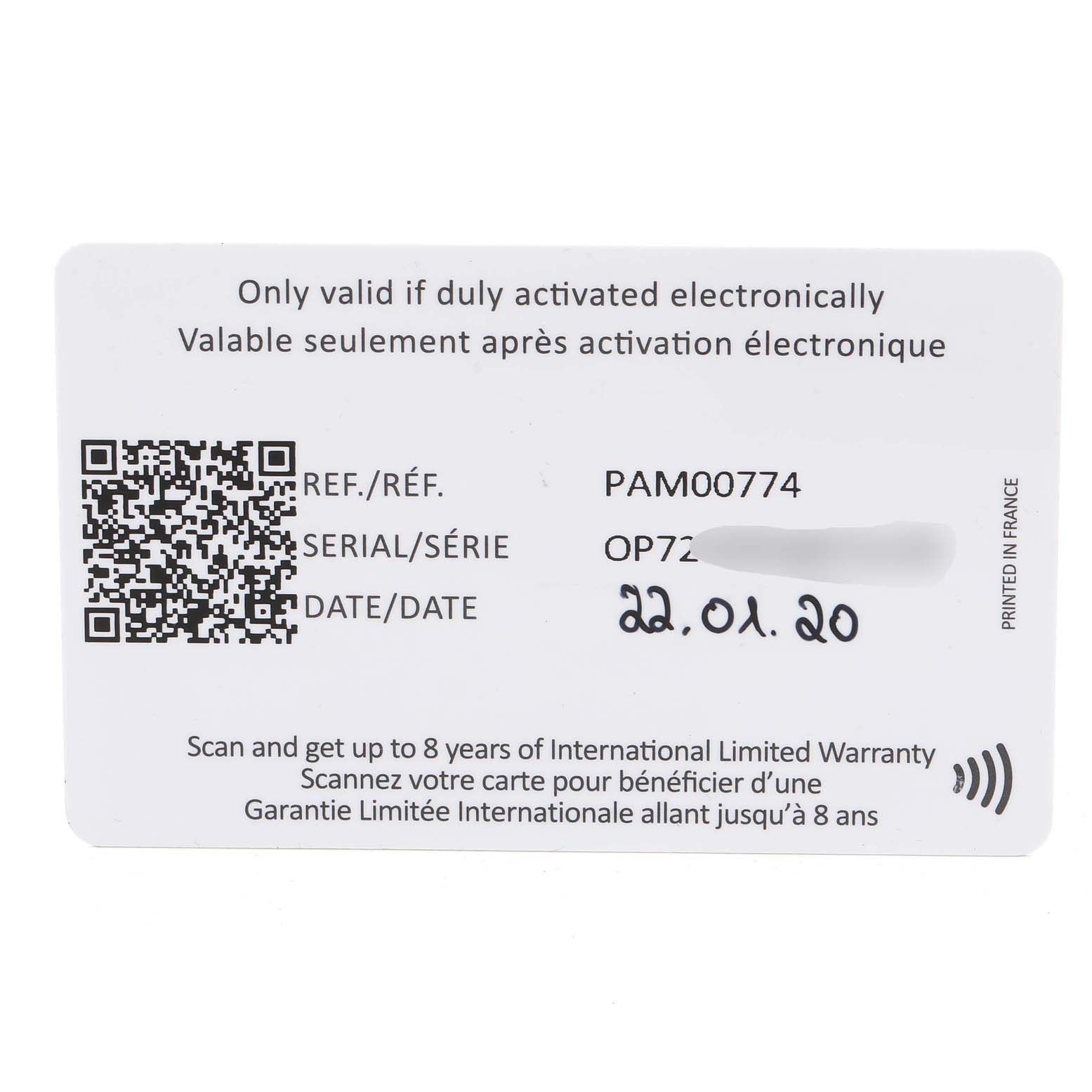 This is an image of the warranty card for the Panerai Luminor PAM00774 Men's Stainless Steel Black Dial PAM00774 Men's Stainless Steel Black Dial model, showing reference number, serial number, and activation date.