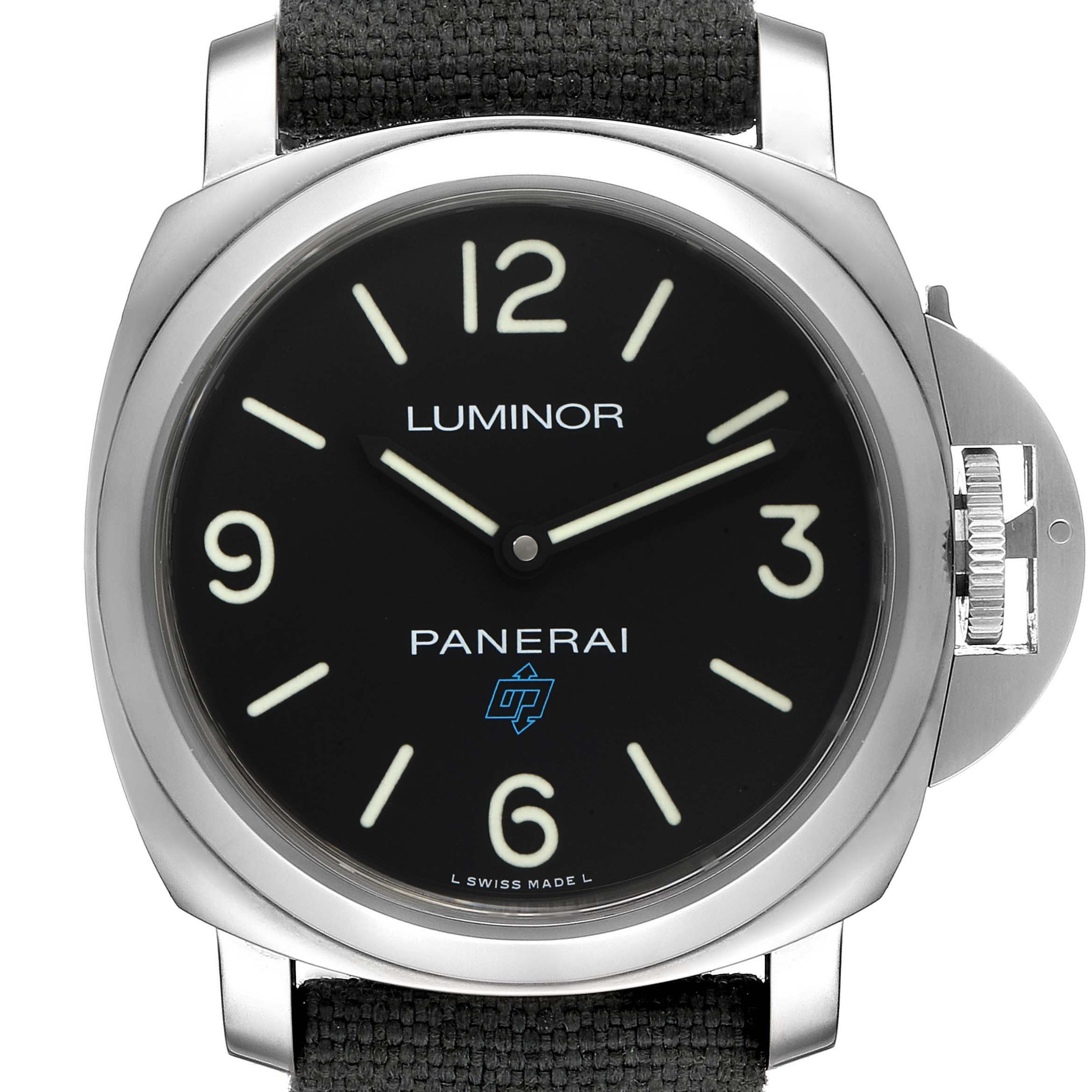 The image shows a front view of the Panerai Luminor PAM00774 Men's Stainless Steel Black Dial PAM00774 Men's Stainless Steel Black Dial watch, highlighting its dial, case, and crown guard.