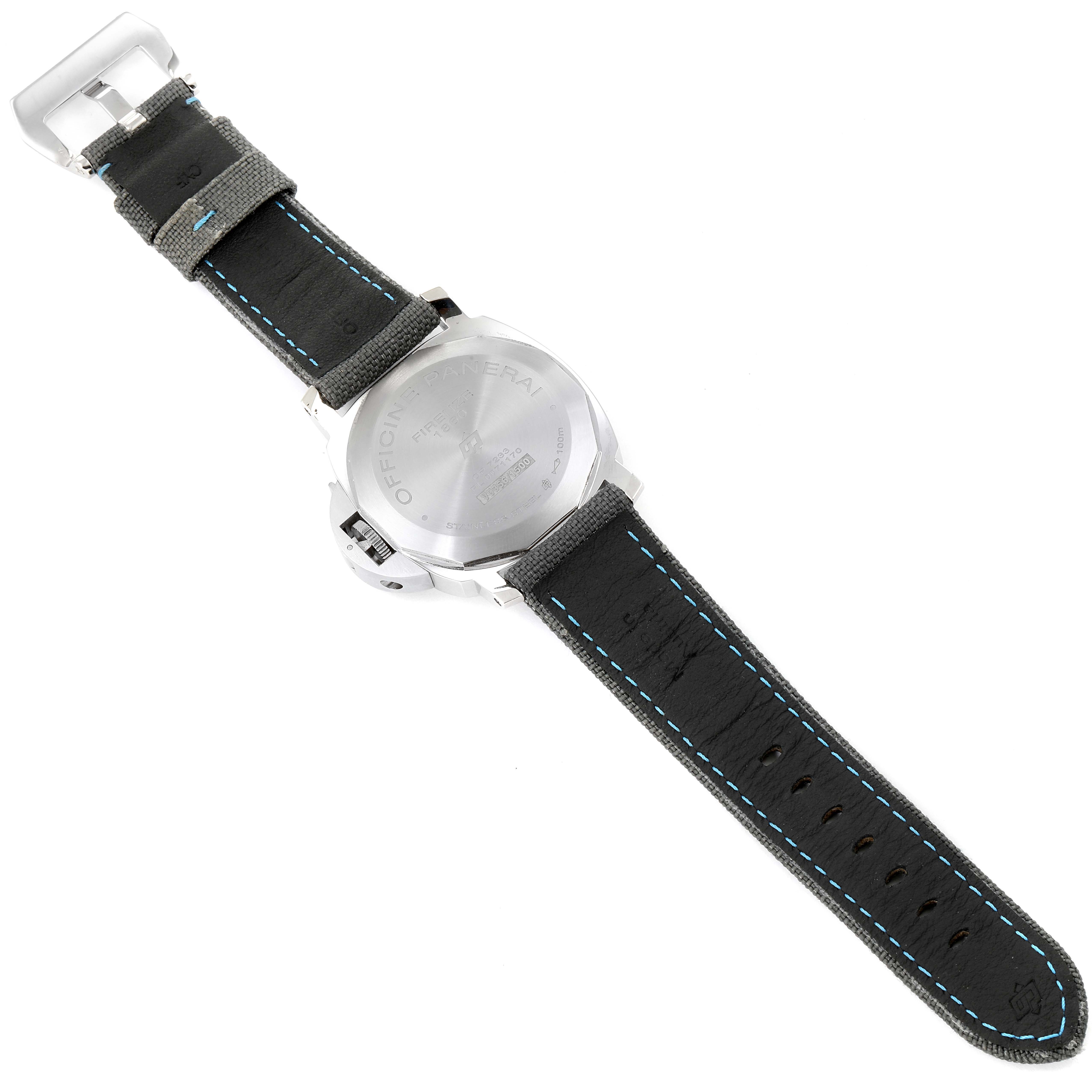 The image shows the rear view of a Panerai Luminor PAM00774 Men's Stainless Steel Black Dial PAM00774 Men's Stainless Steel Black Dial watch emphasizing its case back and strap.