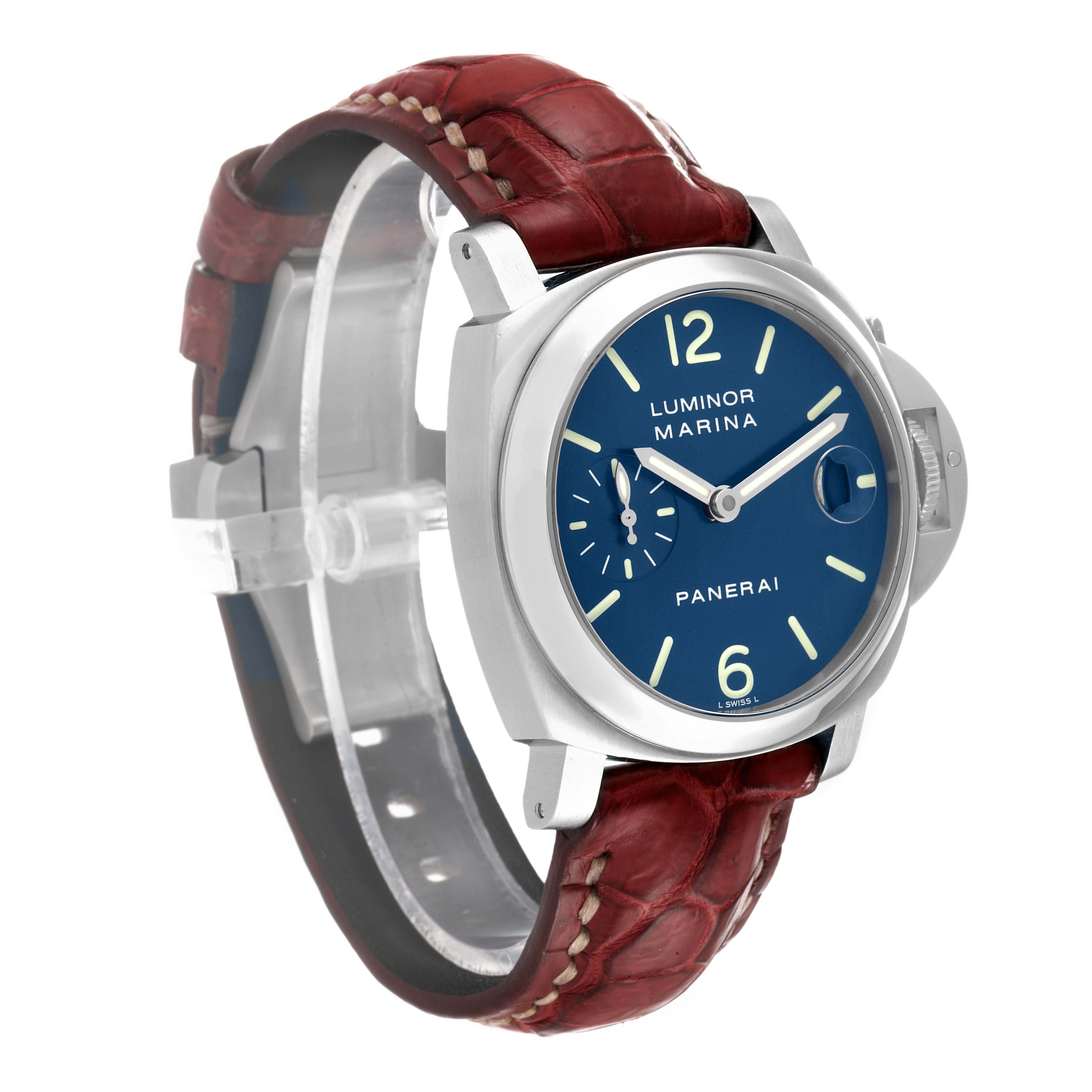 The Panerai Luminor PAM00119 Men
s Stainless Steel Blue Dial PAM00119 Men
s Stainless Steel Blue Dial model watch is shown at a 3/4 angle, displaying its blue dial, stainless steel case, crown guard, and brown leather strap.