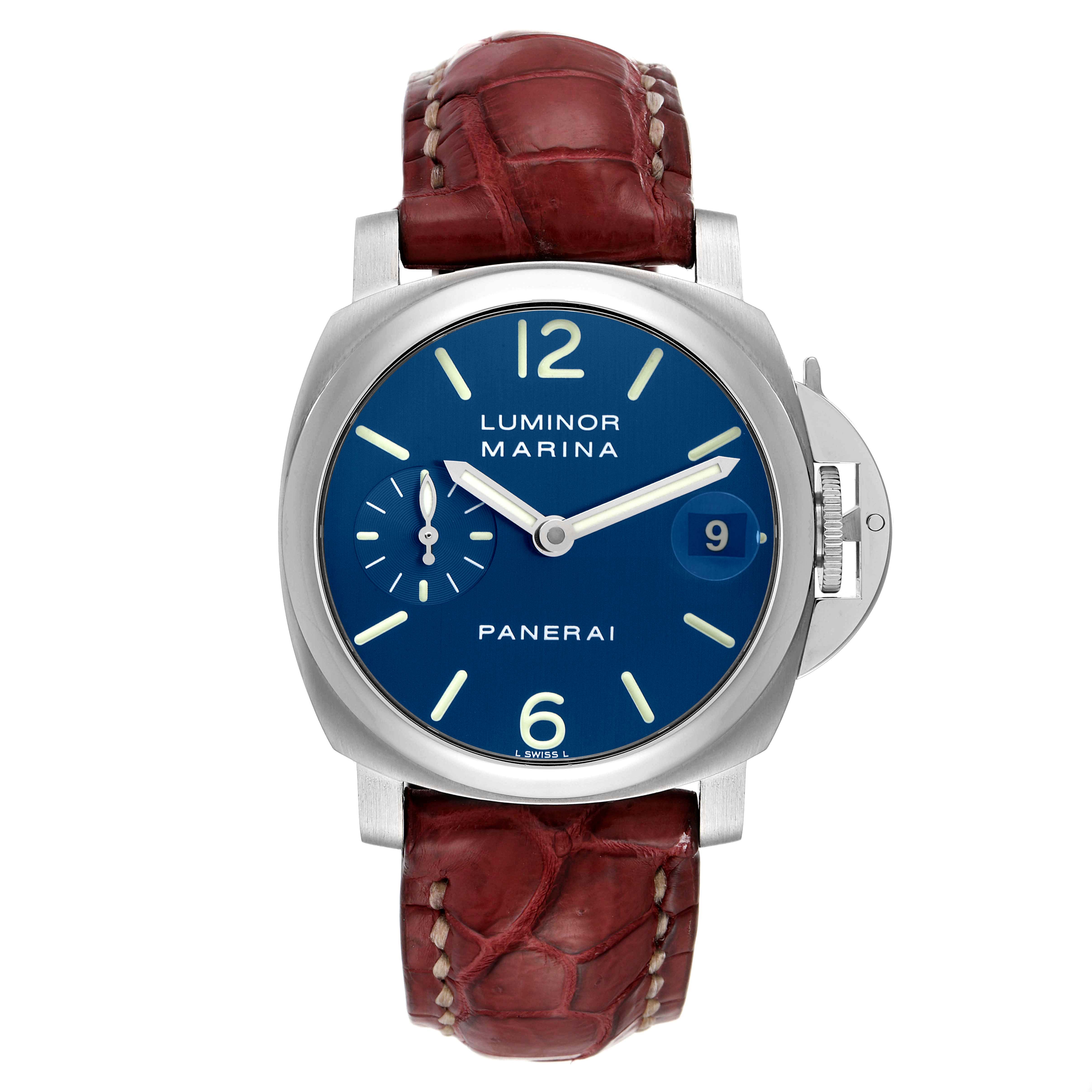 The image shows a front view of a Panerai Luminor PAM00119 Men
s Stainless Steel Blue Dial PAM00119 Men
s Stainless Steel Blue Dial watch with a blue dial and a red leather strap.