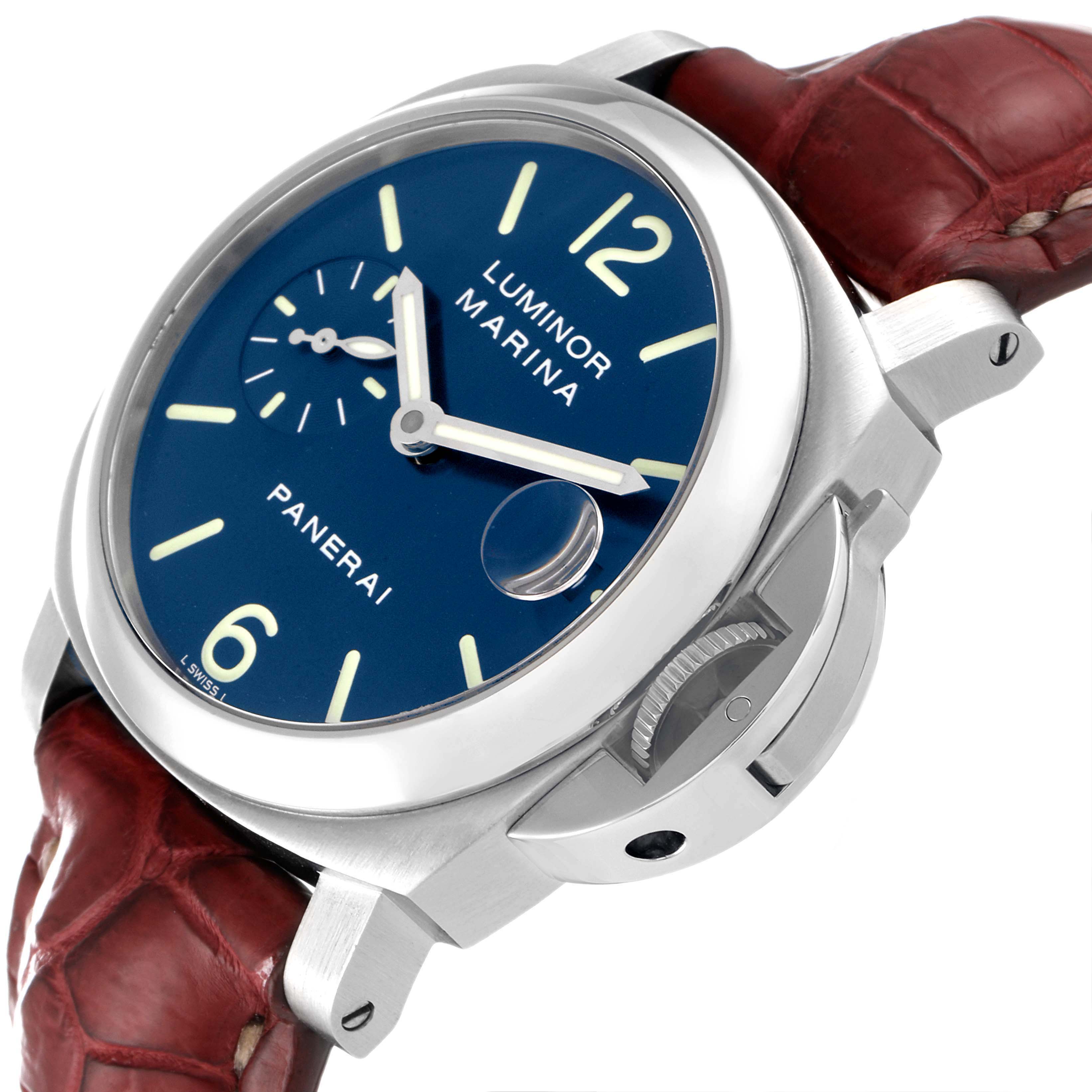 The image shows a close-up of a Panerai Luminor PAM00119 Men
s Stainless Steel Blue Dial PAM00119 Men
s Stainless Steel Blue Dial watch face, crown guard, and leather strap from an angled side view.