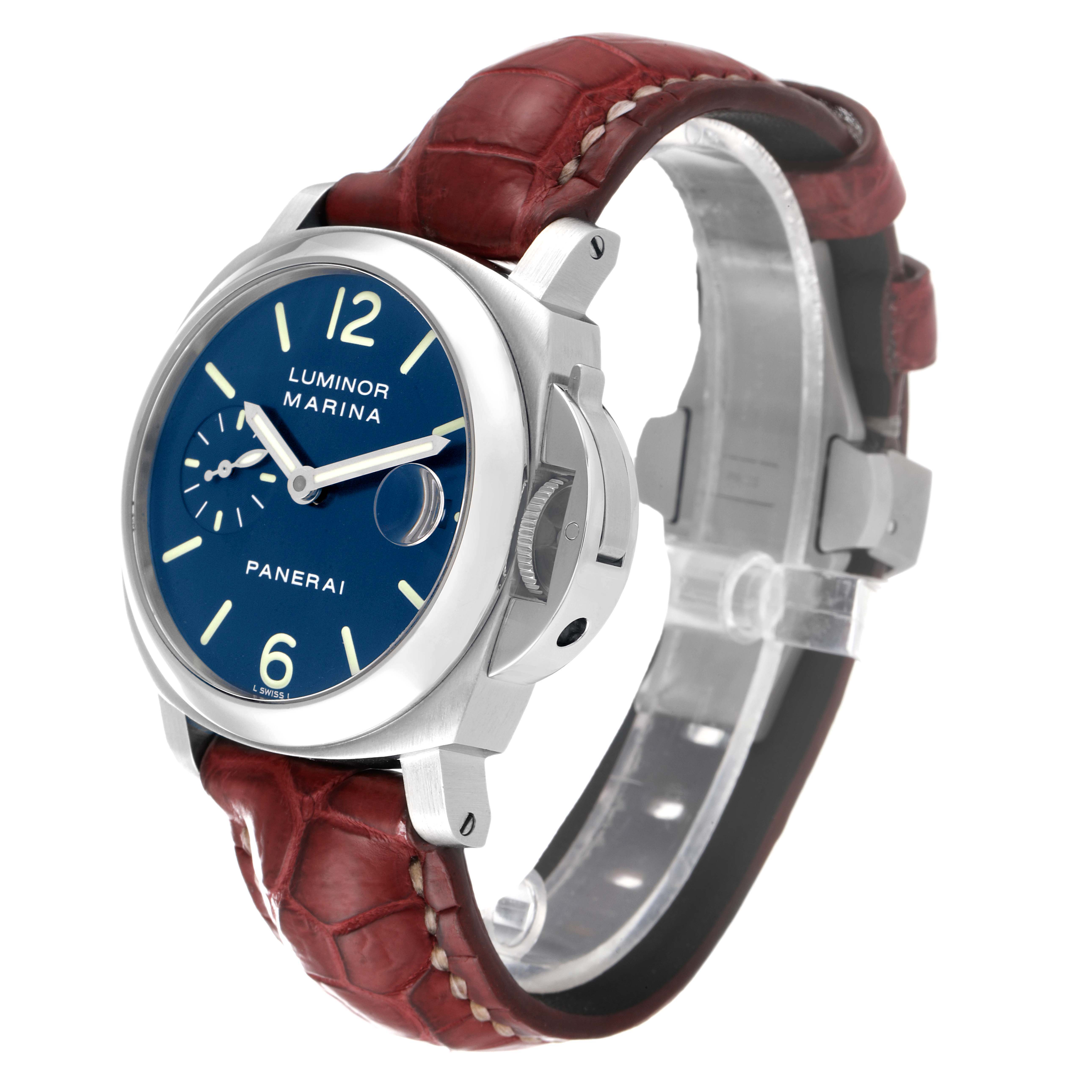 The image shows a Panerai Luminor PAM00119 Men
s Stainless Steel Blue Dial PAM00119 Men
s Stainless Steel Blue Dial watch angled to display the face, crown guard, and brown strap.
