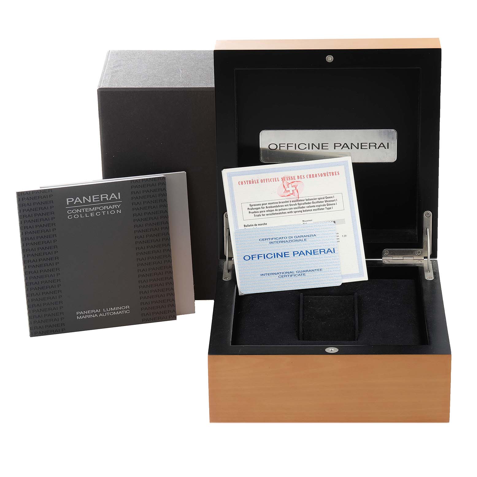 The image shows an open Panerai Luminor PAM00119 Men
s Stainless Steel Blue Dial PAM00119 Men
s Stainless Steel Blue Dial watch box, warranty cards, and a product booklet from a front angle.