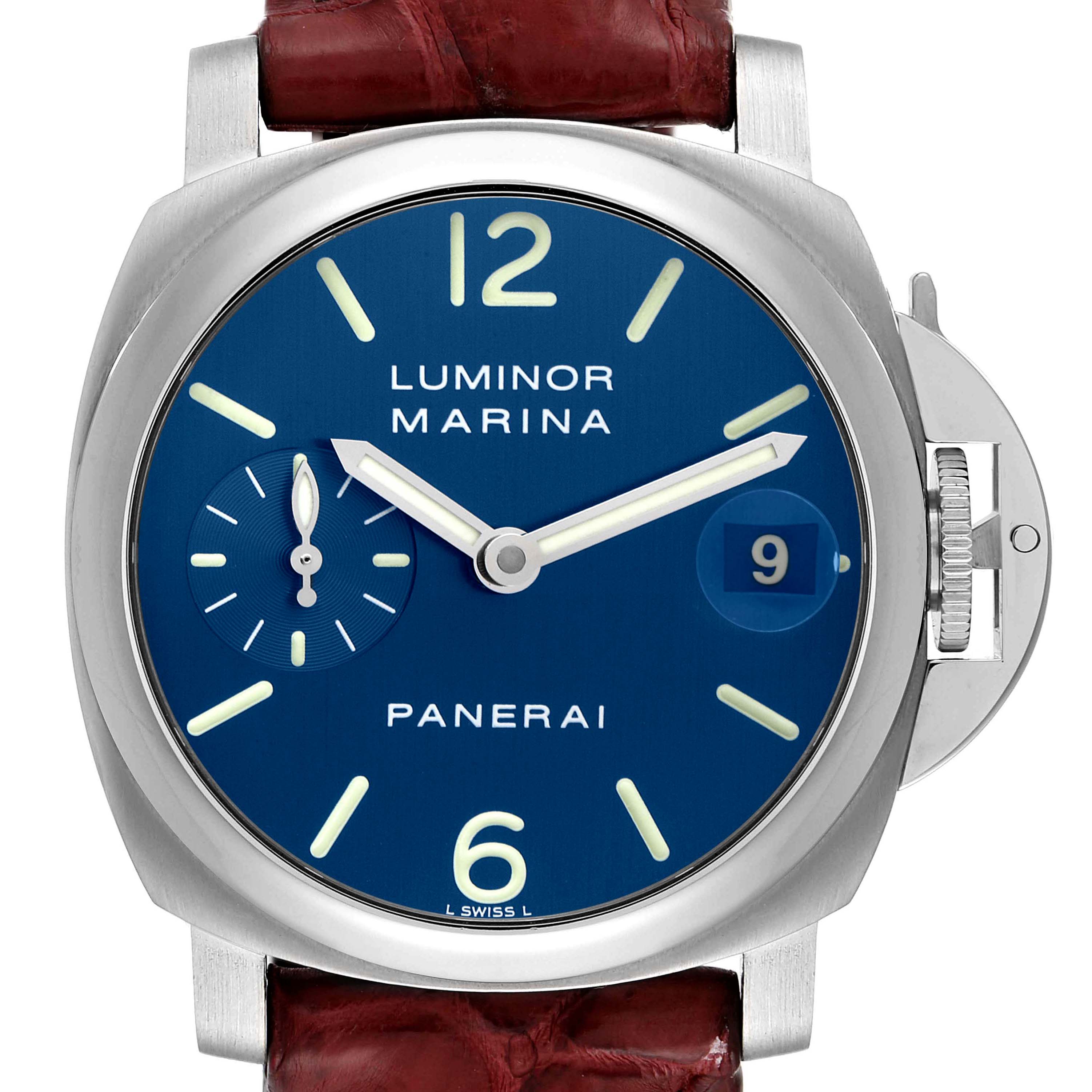 This image shows a front view of a Panerai Luminor PAM00119 Men
s Stainless Steel Blue Dial PAM00119 Men
s Stainless Steel Blue Dial Marina watch, displaying its dial and crown guard.