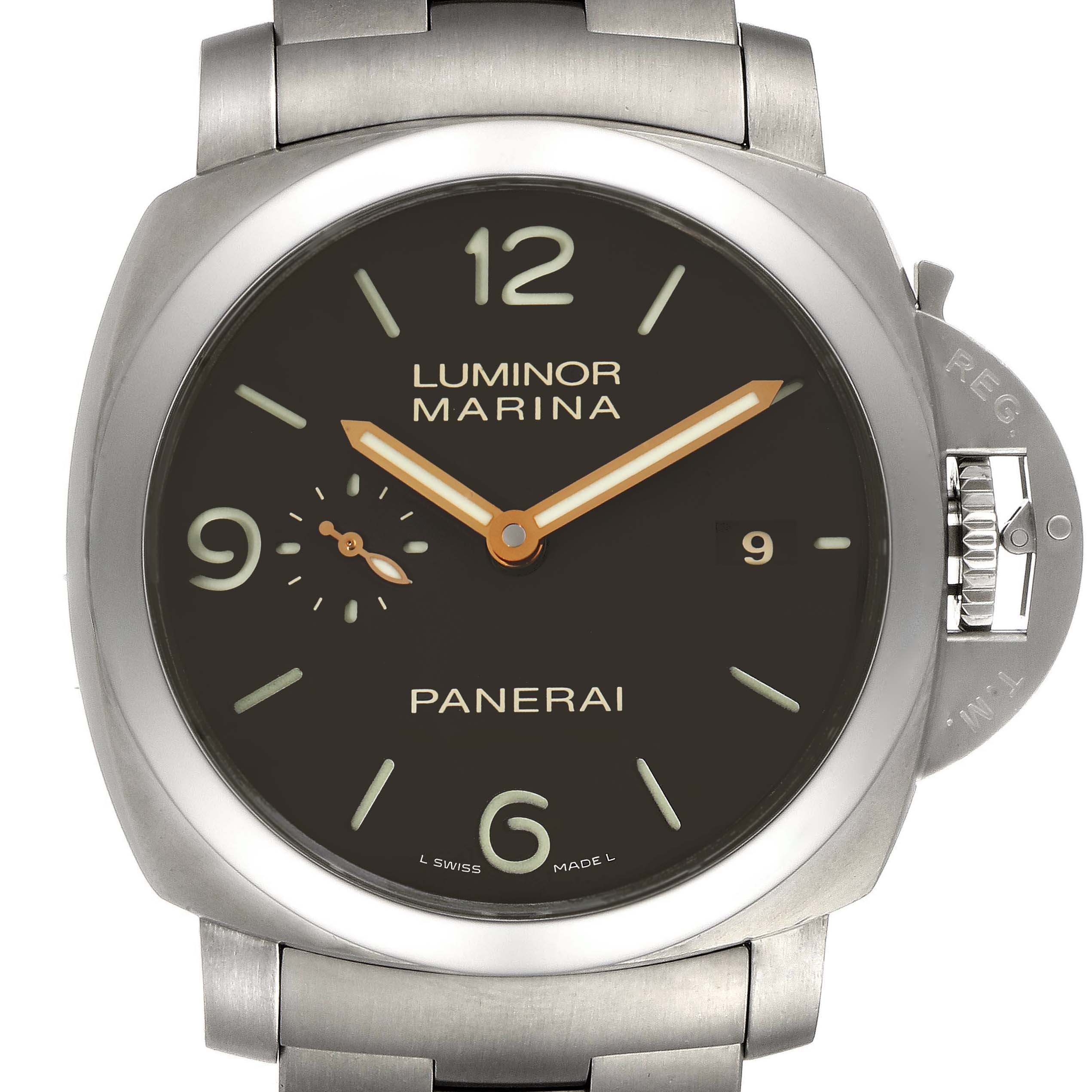 The image shows a front view of a Panerai Luminor PAM00352 Men
s Titanium Brown Dial PAM00352 Men
s Titanium Brown Dial Marina watch, displaying its dial, hands, and crown guard.