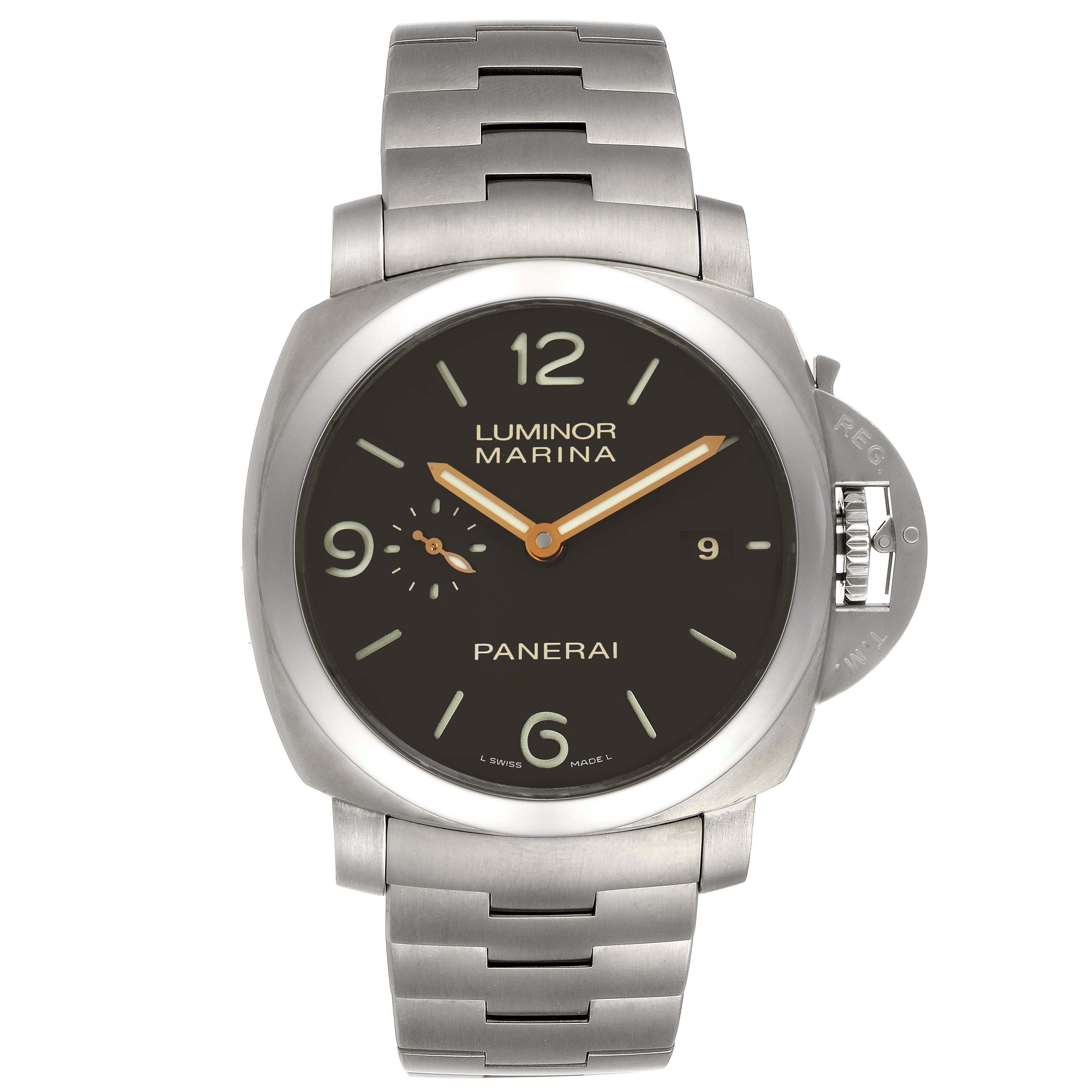 This image shows the front view of a Panerai Luminor PAM00352 Men
s Titanium Brown Dial PAM00352 Men
s Titanium Brown Dial Marina watch, highlighting the dial, hands, case, and bracelet.