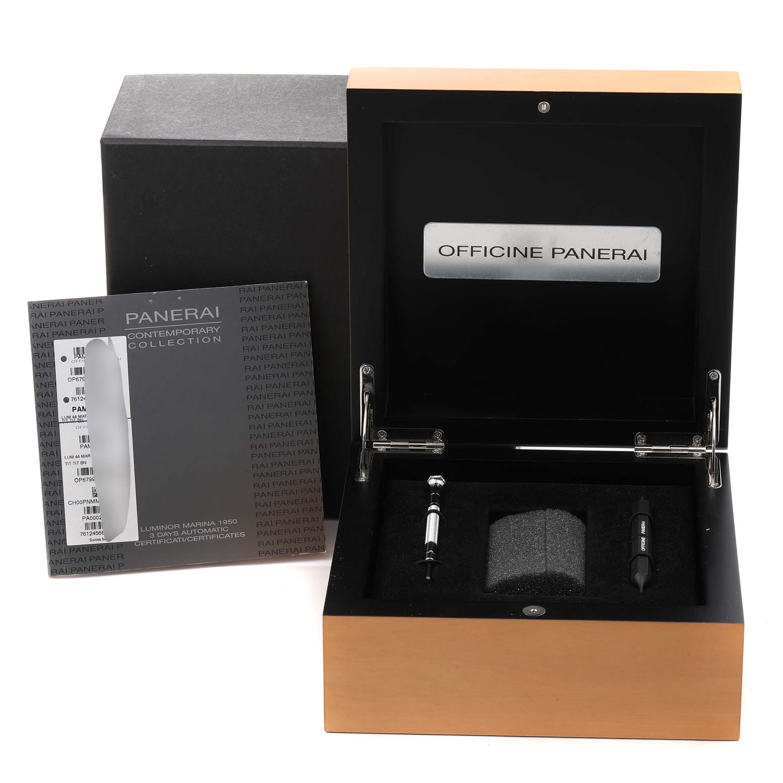 The image shows a Panerai Luminor PAM00352 Men
s Titanium Brown Dial PAM00352 Men
s Titanium Brown Dial watch box, warranty card, and watch tools from a frontal angle.