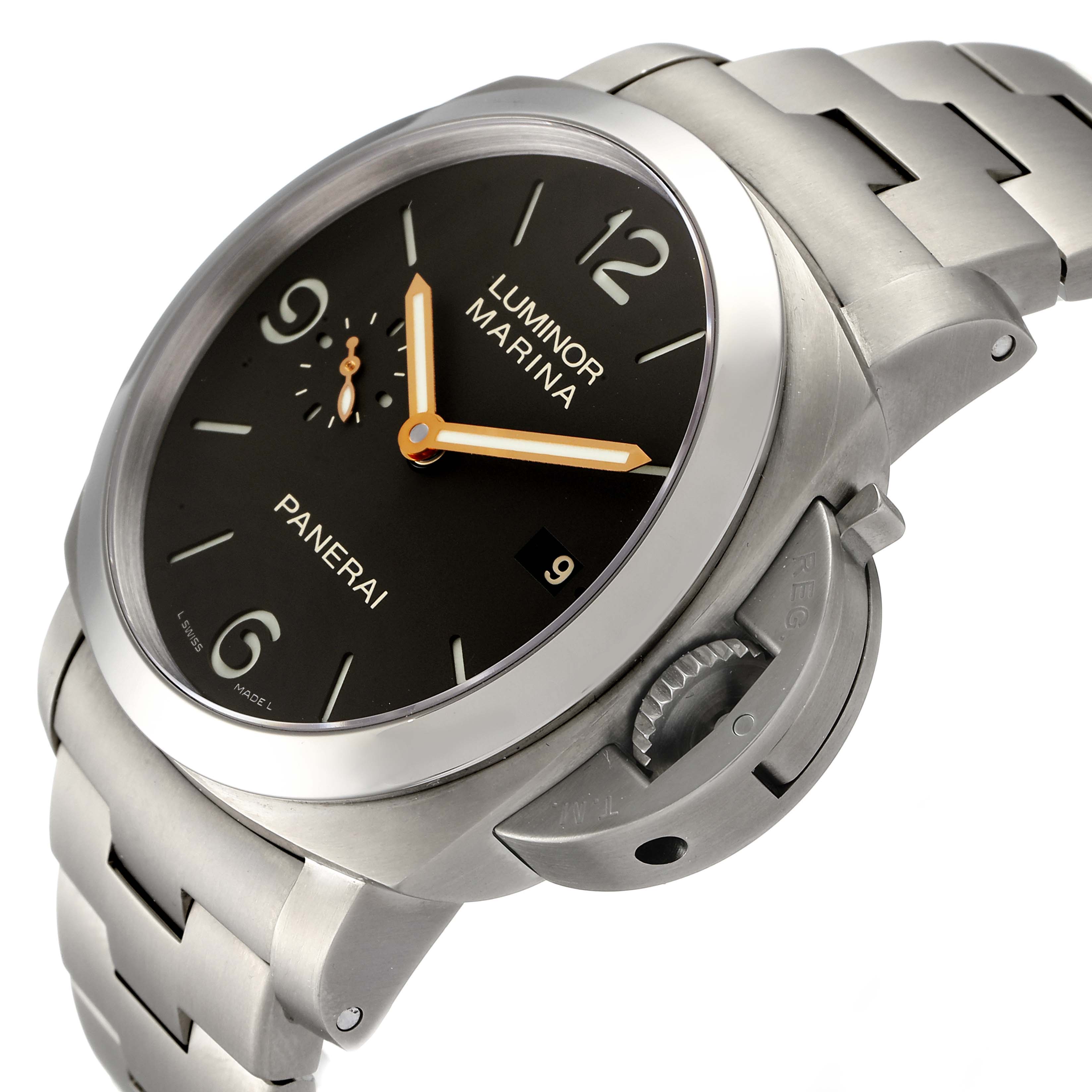 This Panerai Luminor PAM00352 Men
s Titanium Brown Dial PAM00352 Men
s Titanium Brown Dial watch is shown at an angle highlighting the watch face, crown guard, and part of the metal bracelet.