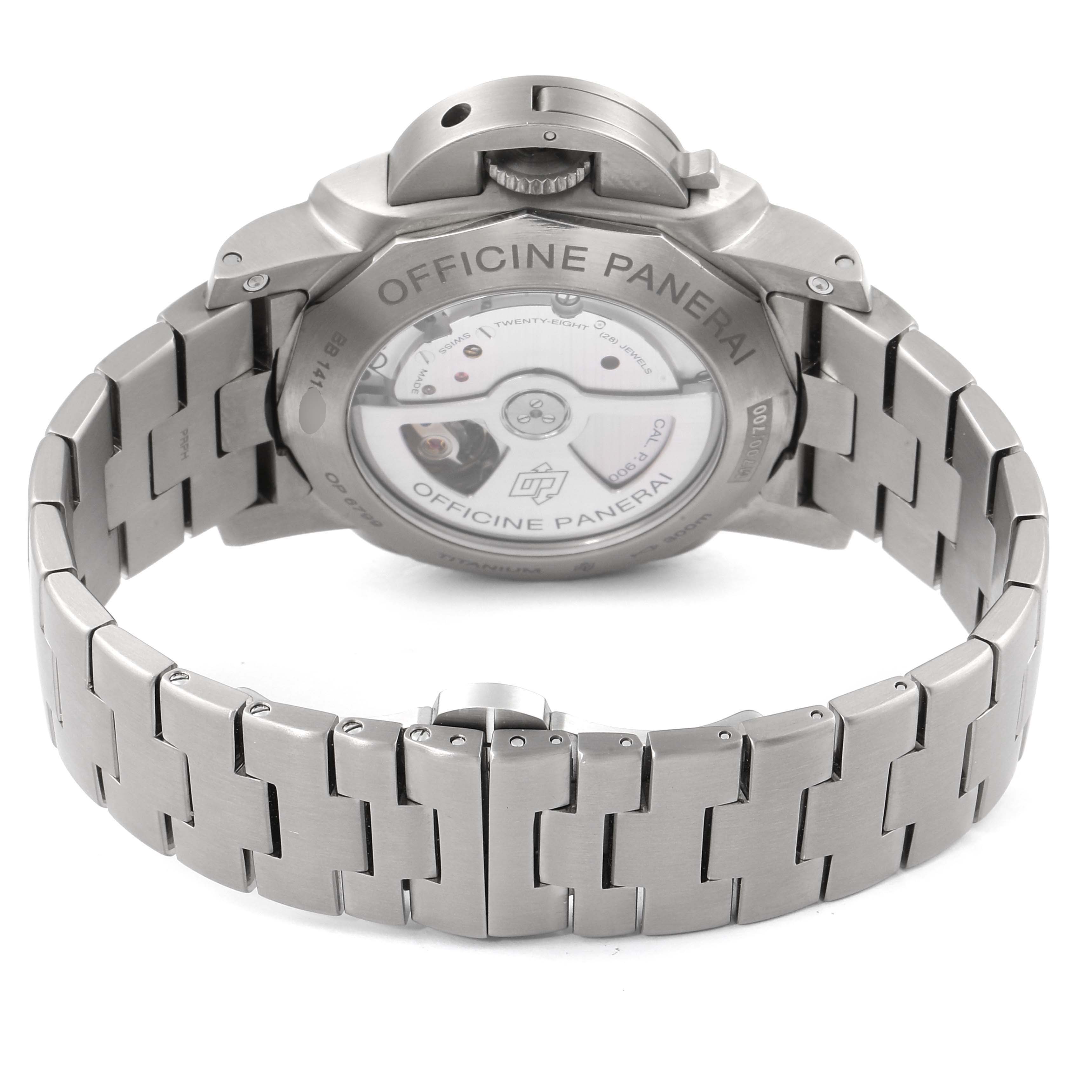 The image shows the back and stainless steel bracelet of a Panerai Luminor PAM00352 Men
s Titanium Brown Dial PAM00352 Men
s Titanium Brown Dial watch, highlighting the exposed movement.