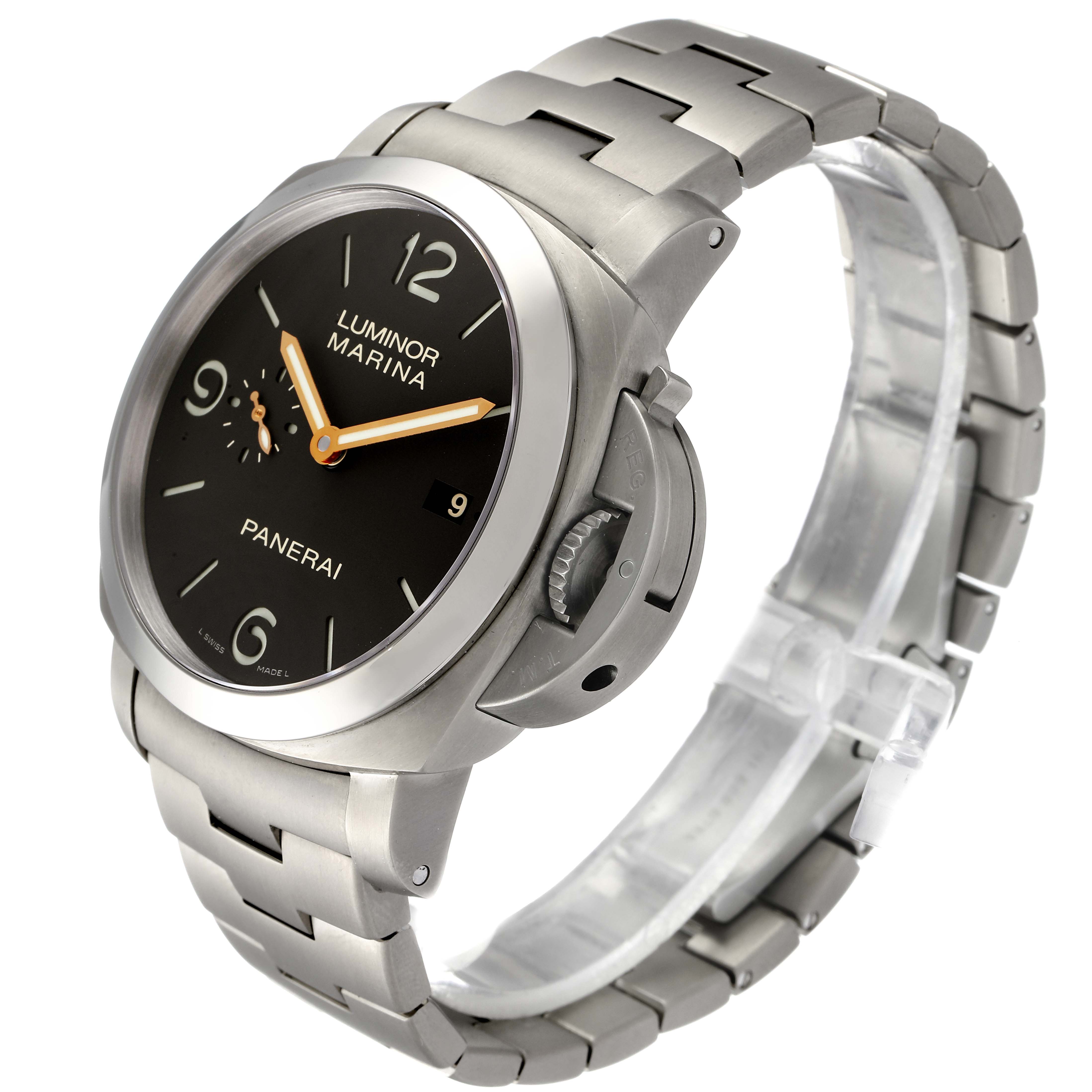 The image shows a side angle of the Panerai Luminor PAM00352 Men
s Titanium Brown Dial PAM00352 Men
s Titanium Brown Dial Marina watch, highlighting the face, bezel, crown, and part of the bracelet.