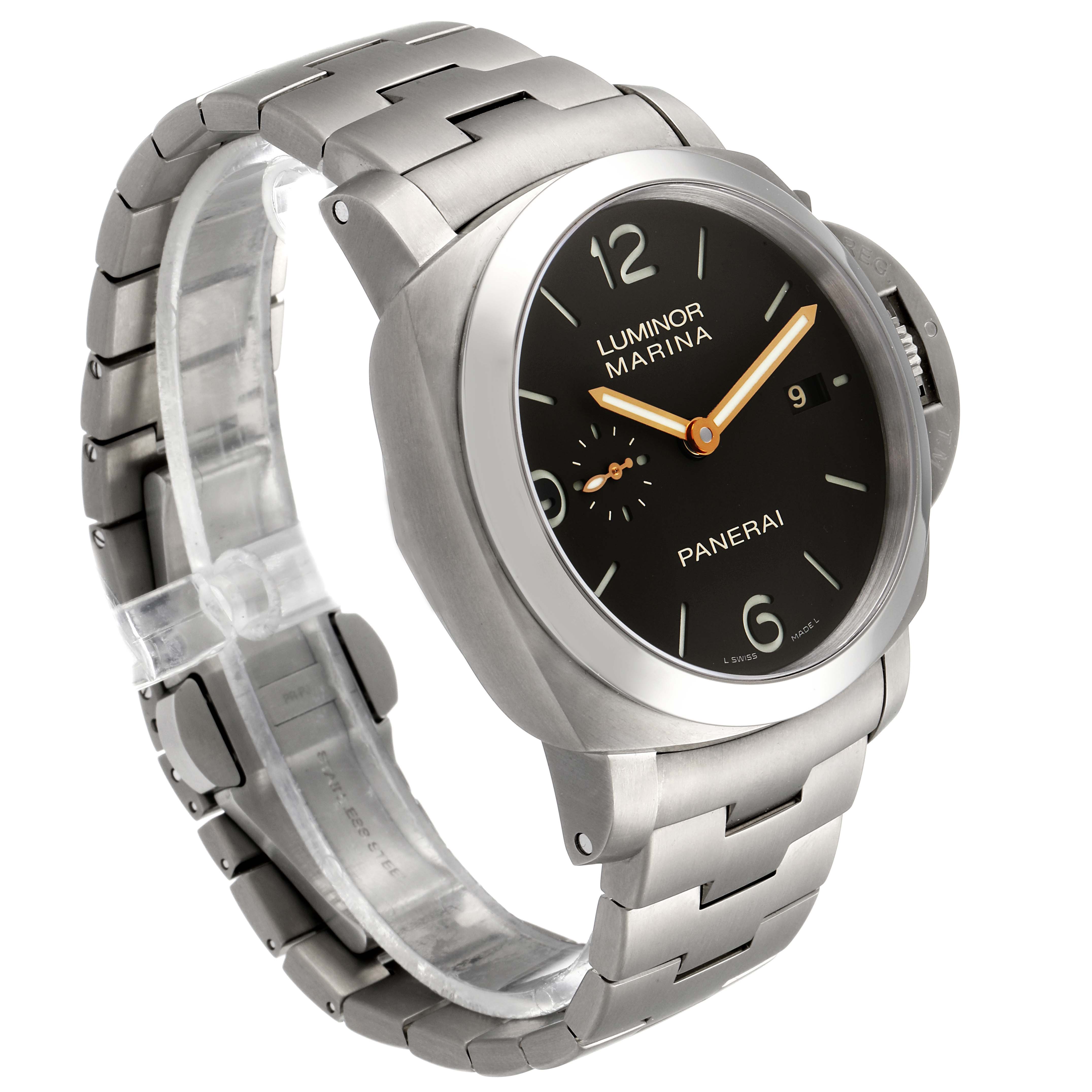 The image shows a Panerai Luminor PAM00352 Men
s Titanium Brown Dial PAM00352 Men
s Titanium Brown Dial watch at an angled side view, highlighting the watch face and stainless steel bracelet.