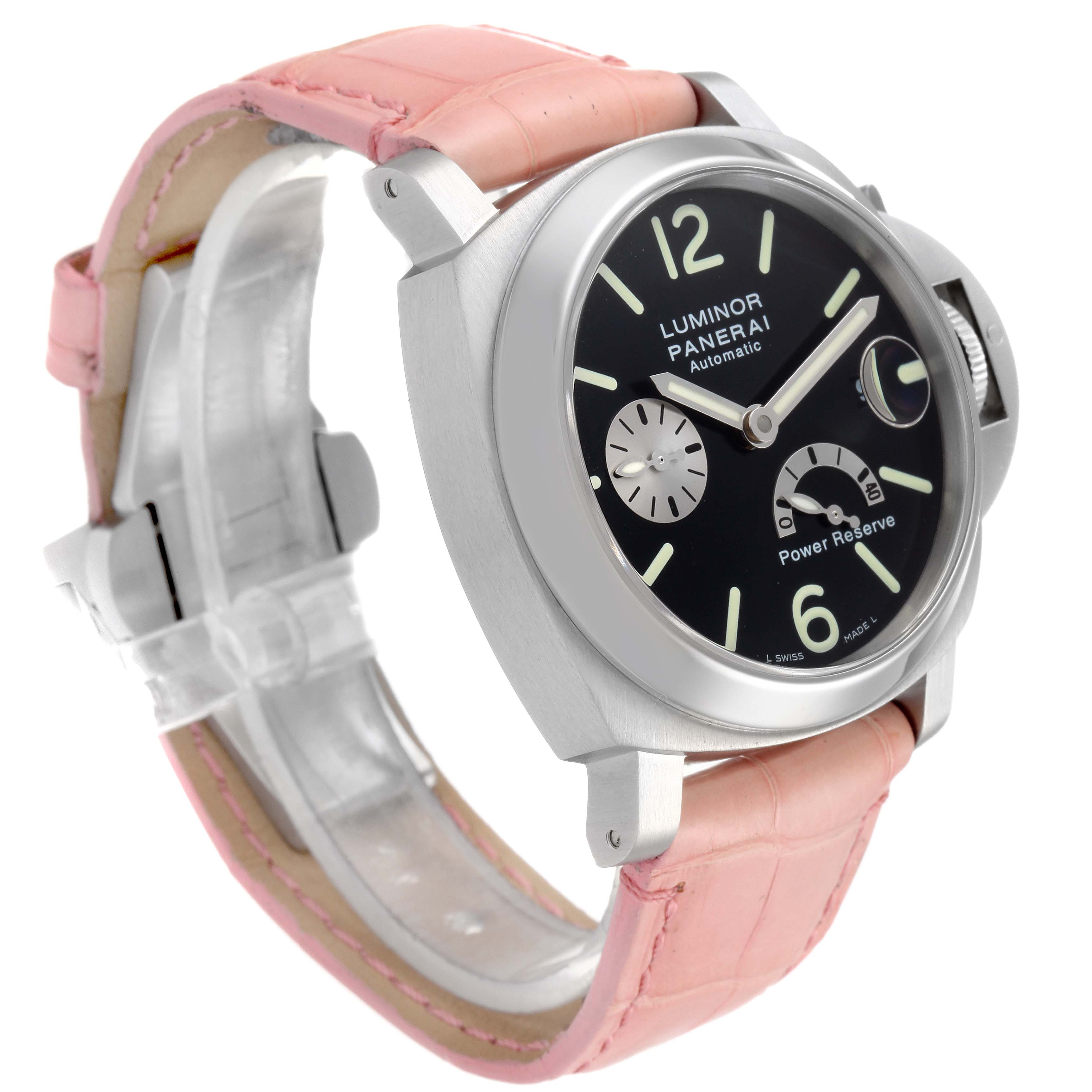 The image shows a Panerai Luminor PAM00125 Men
s Stainless Steel Black Dial PAM00125 Men
s Stainless Steel Black Dial watch at an angle highlighting its face, case, and light pink strap.