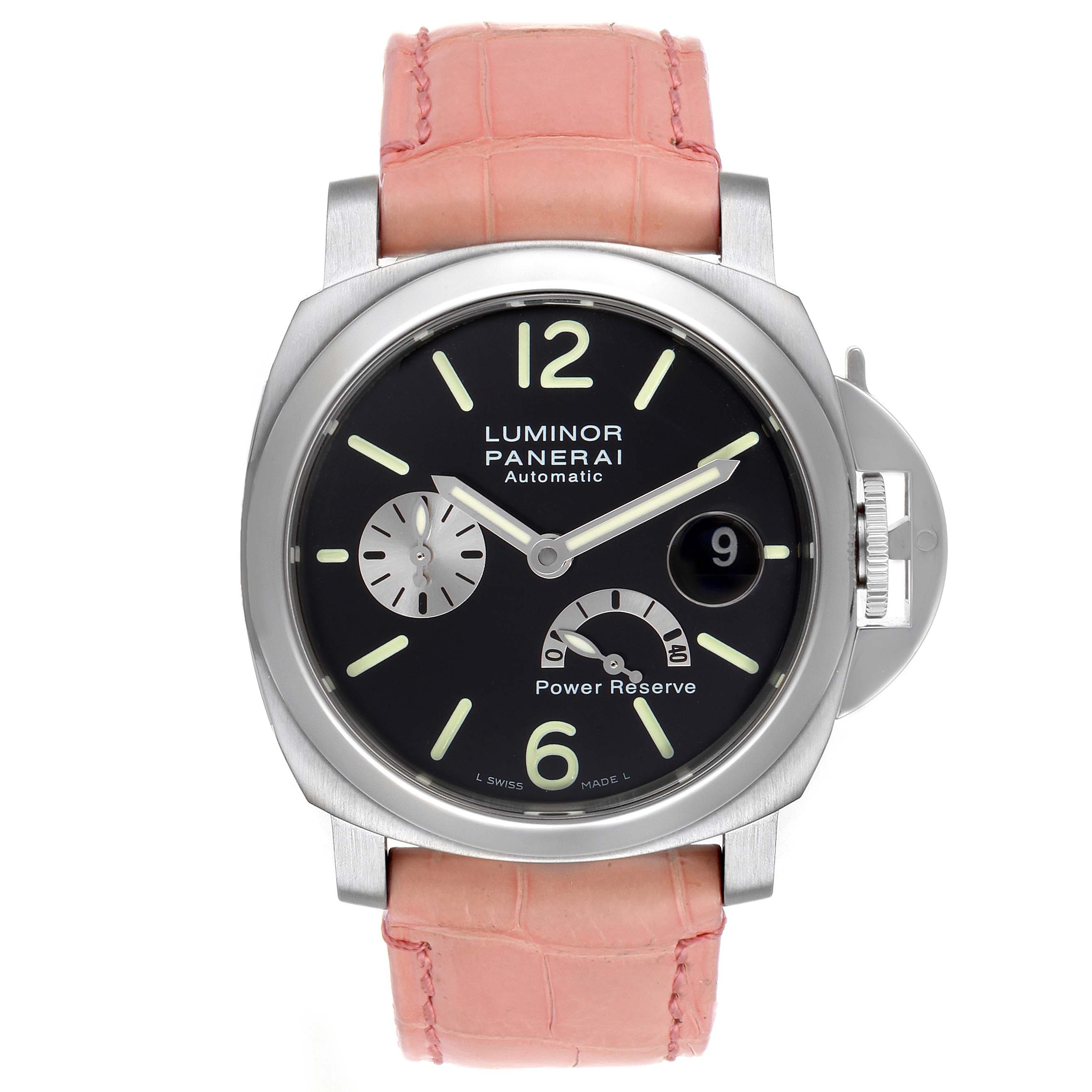 The image shows a front view of the Panerai Luminor PAM00125 Men
s Stainless Steel Black Dial PAM00125 Men
s Stainless Steel Black Dial watch, showcasing its dial, case, and pink strap.