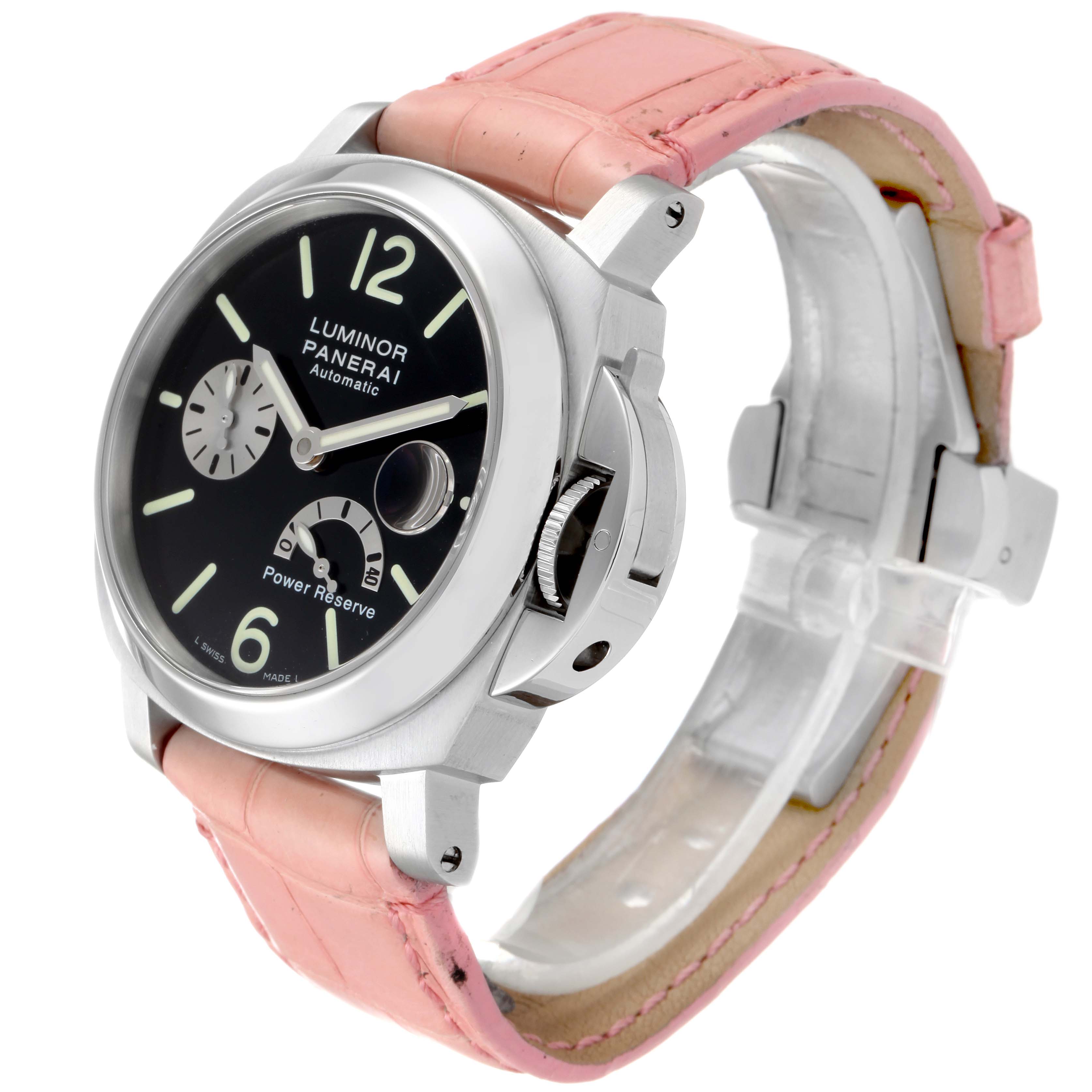 This image shows a Panerai Luminor PAM00125 Men
s Stainless Steel Black Dial PAM00125 Men
s Stainless Steel Black Dial watch at a three-quarter angle, highlighting its black dial, power reserve indicator, and pink leather strap.