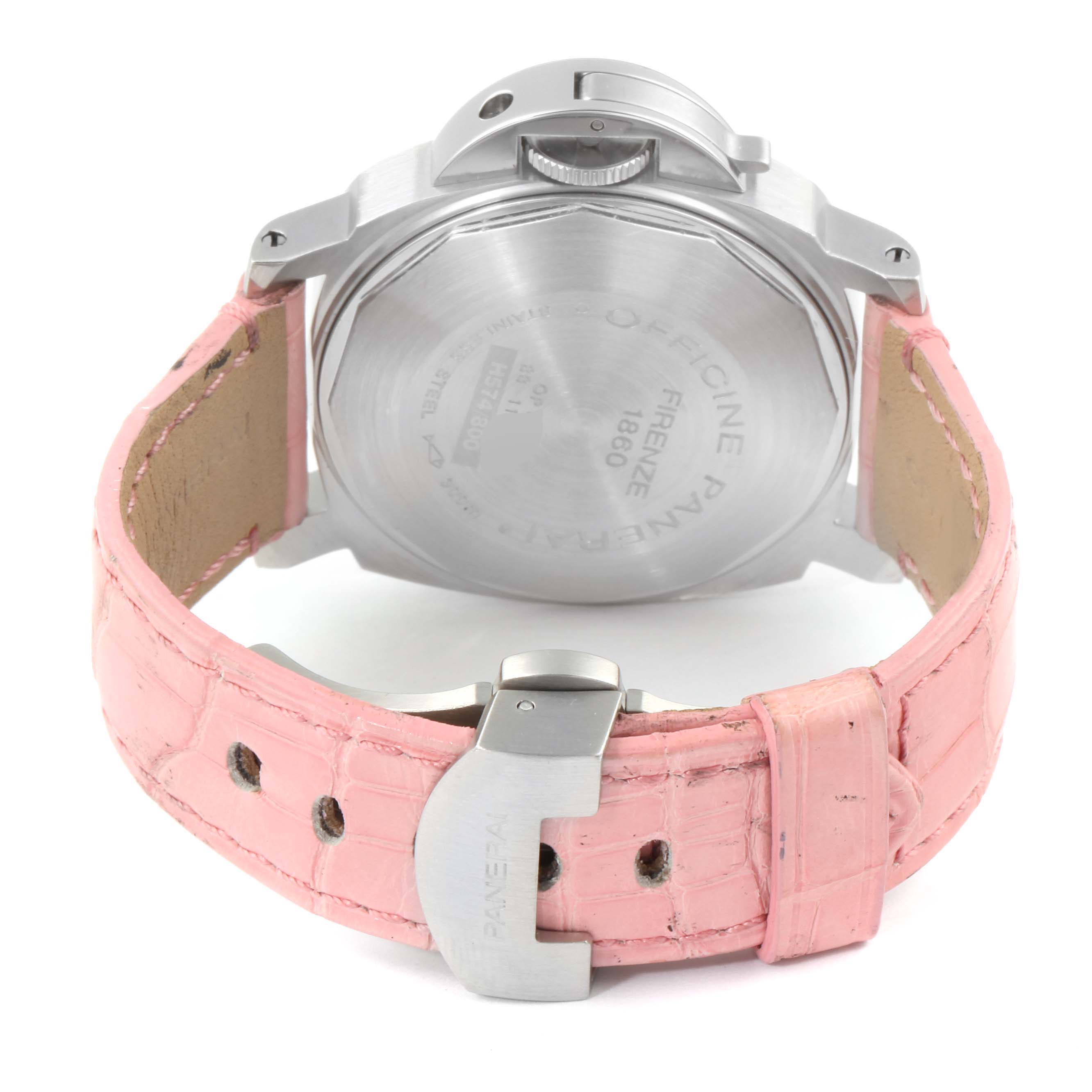 This image shows the back view of a Panerai Luminor PAM00125 Men
s Stainless Steel Black Dial PAM00125 Men
s Stainless Steel Black Dial watch with a pink alligator leather strap and clasp.