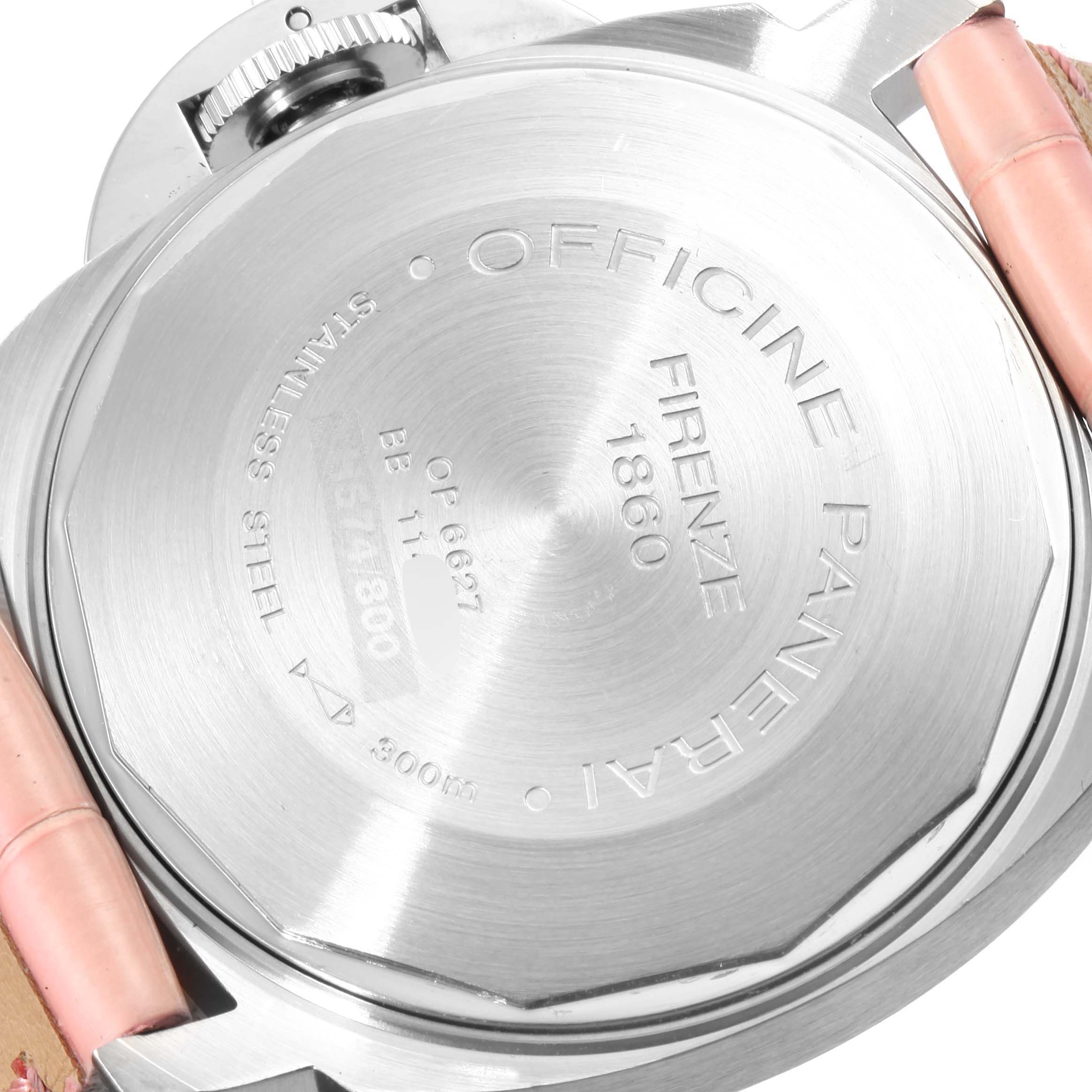 This image shows the back case of a Panerai Luminor PAM00125 Men
s Stainless Steel Black Dial PAM00125 Men
s Stainless Steel Black Dial watch, focusing on the engraved details and crown guard.