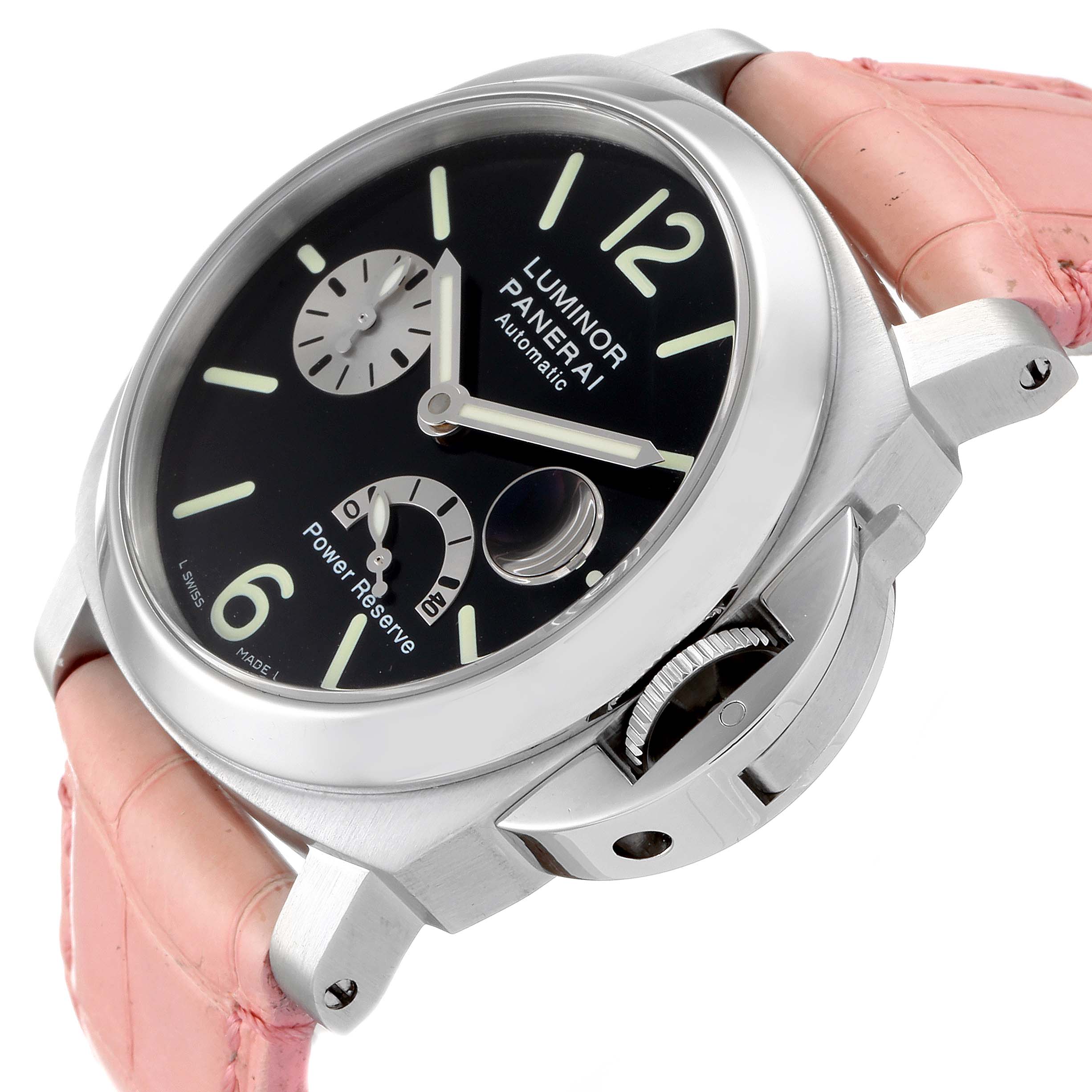 The Panerai Luminor PAM00125 Men
s Stainless Steel Black Dial PAM00125 Men
s Stainless Steel Black Dial watch is shown from a tilted side angle displaying its face, crown guard, and pink strap.