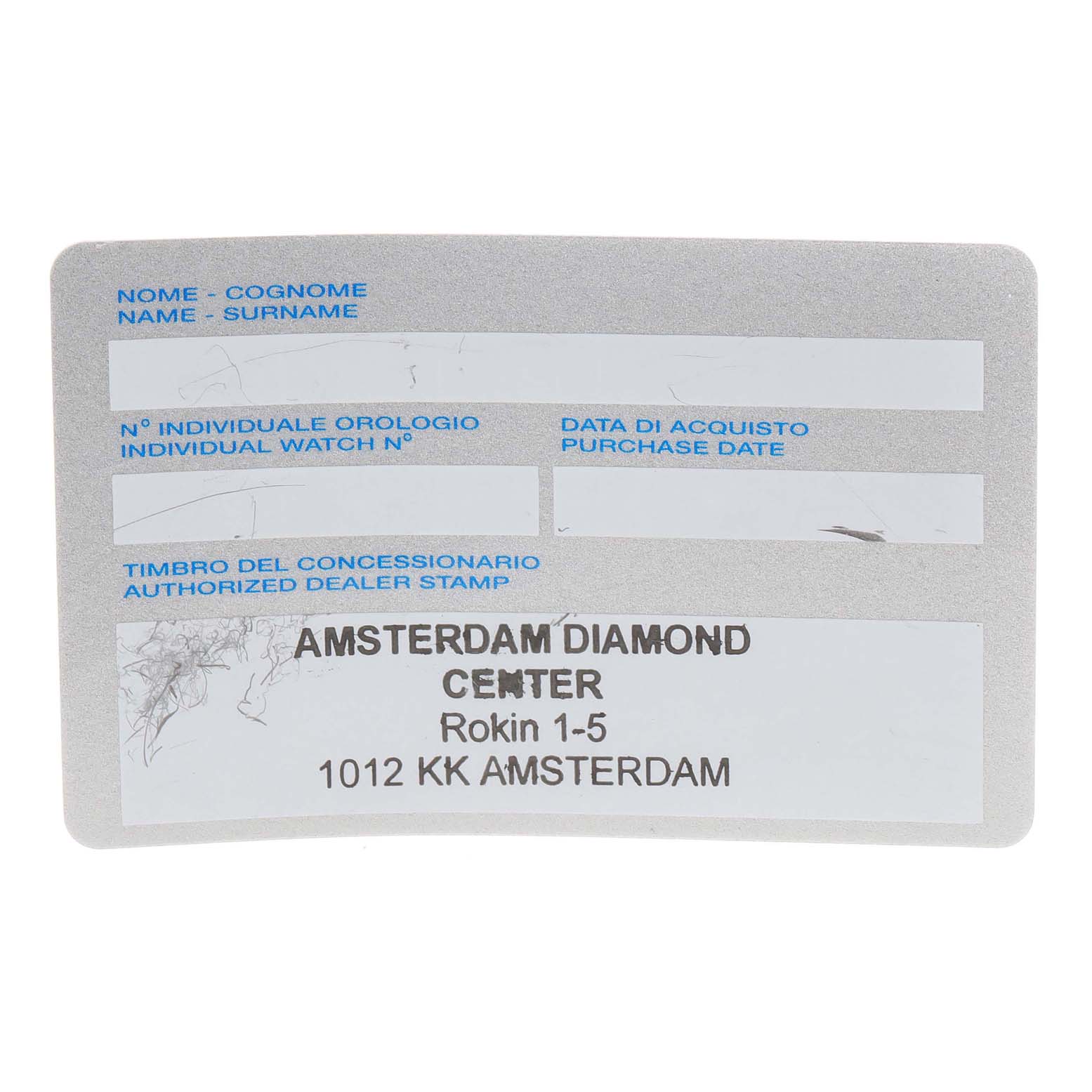 The image shows an authorized dealer card for a Panerai Luminor PAM00125 Men
s Stainless Steel Black Dial PAM00125 Men
s Stainless Steel Black Dial model watch from Amsterdam Diamond Center.