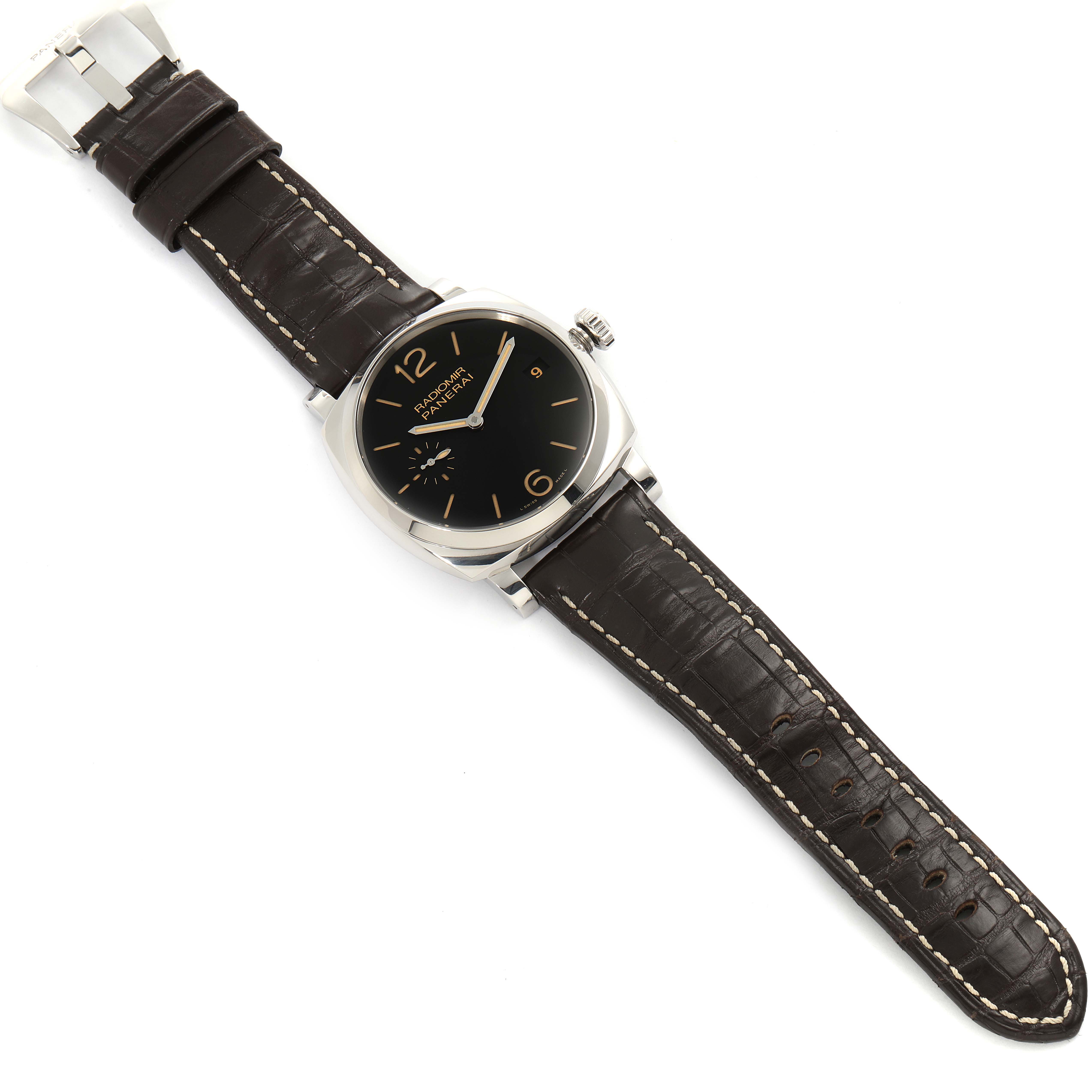 The image shows a Panerai Radiomir PAM00514 Men's Stainless Steel Black Dial PAM00514 Men's Stainless Steel Black Dial watch from above, featuring a dark dial, brown leather strap, and metallic buckle.