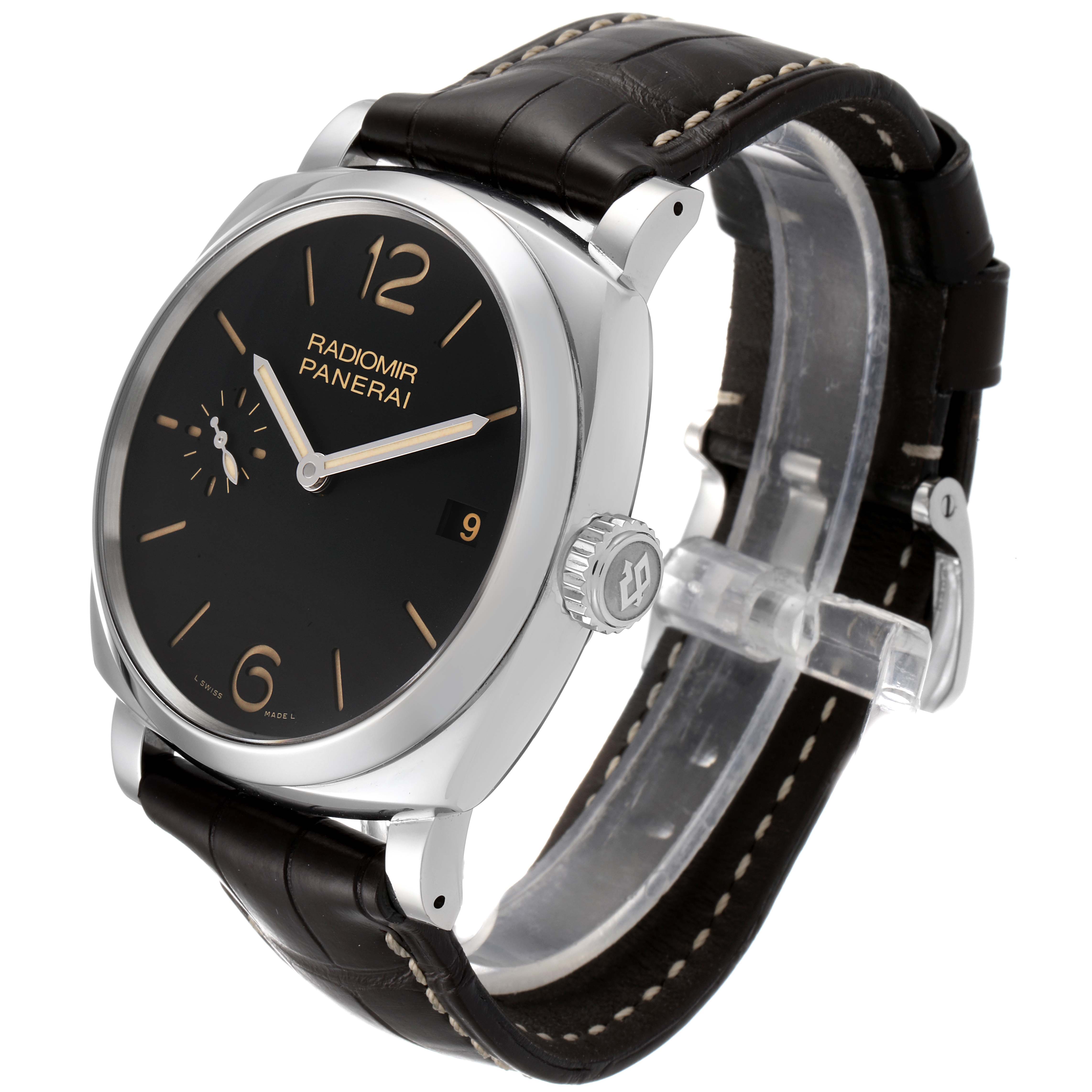 The Panerai Radiomir PAM00514 Men's Stainless Steel Black Dial PAM00514 Men's Stainless Steel Black Dial watch is shown at a 3/4 angle, displaying its black dial, crown, lugs, and leather strap.