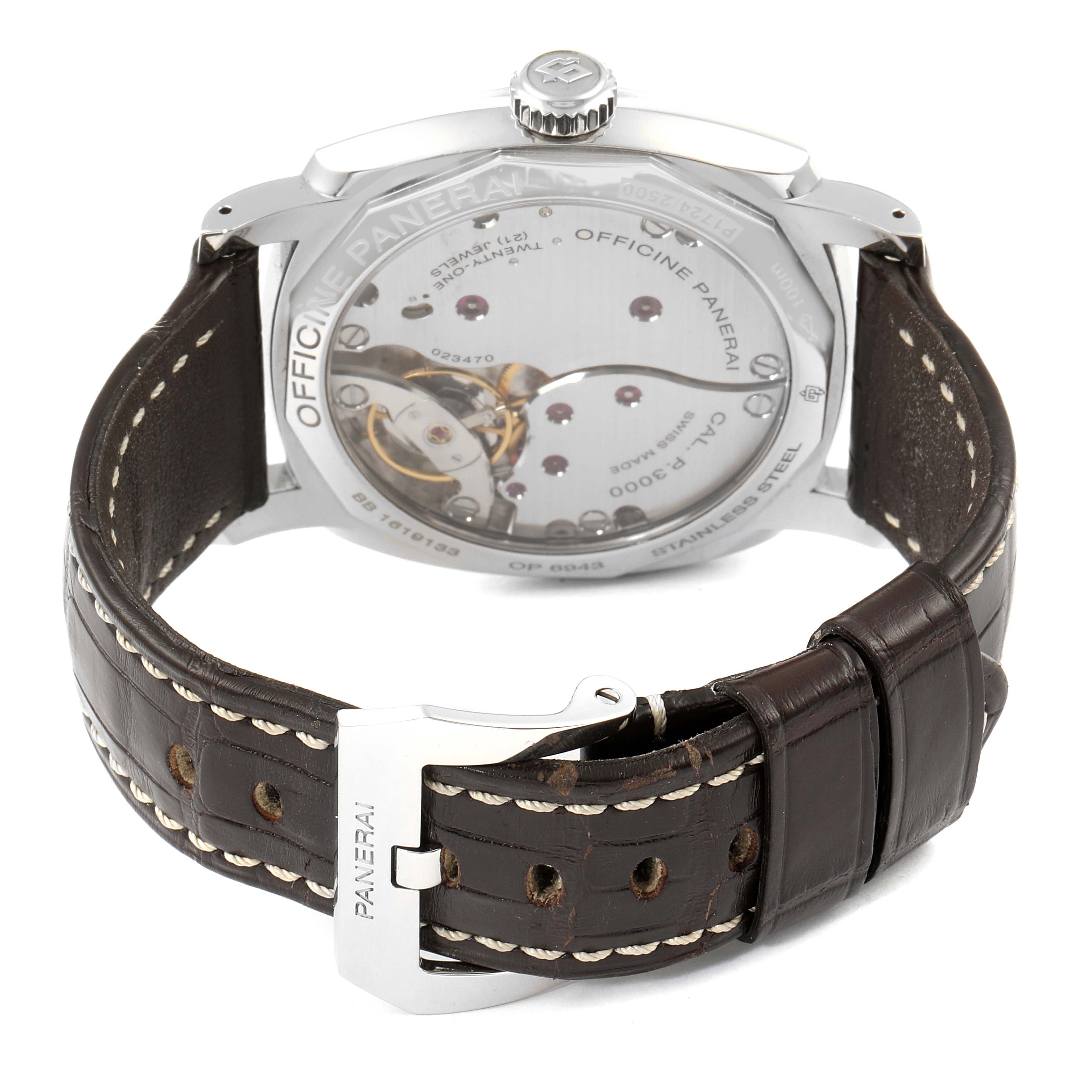 The image shows the back angle of a Panerai Radiomir PAM00514 Men's Stainless Steel Black Dial PAM00514 Men's Stainless Steel Black Dial watch, displaying its movement, crown, and leather strap with Panerai buckle.