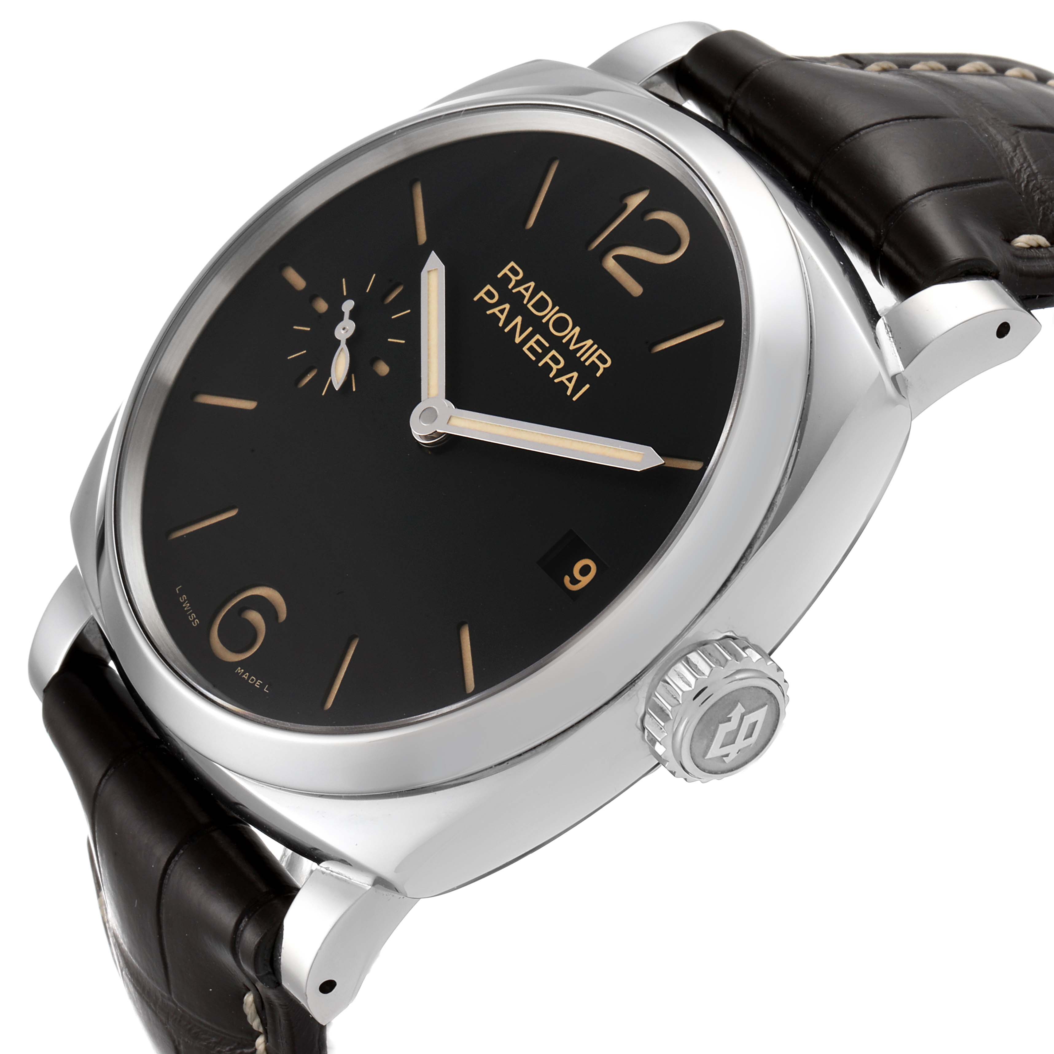 The image shows a Panerai Radiomir PAM00514 Men's Stainless Steel Black Dial PAM00514 Men's Stainless Steel Black Dial watch at an angle, displaying its face, crown, and leather strap.