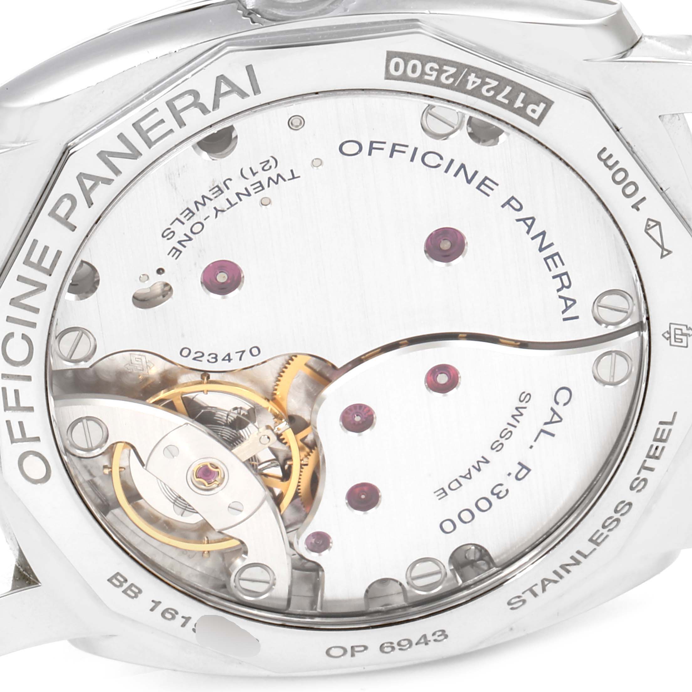 This image shows the back of a Panerai Radiomir PAM00514 Men's Stainless Steel Black Dial PAM00514 Men's Stainless Steel Black Dial watch, revealing its internal mechanics and engravings.