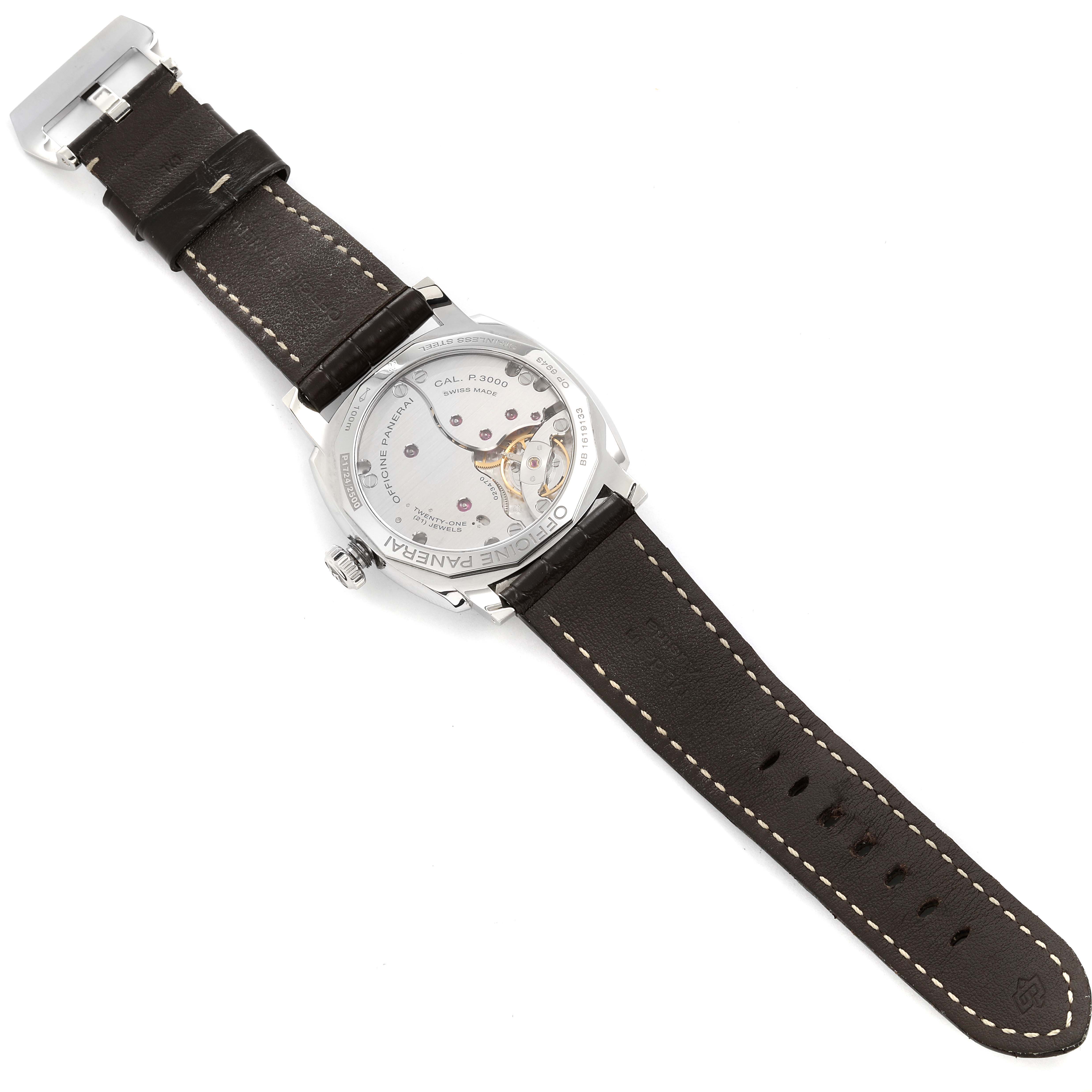 This image shows the back view of the Panerai Radiomir PAM00514 Men's Stainless Steel Black Dial PAM00514 Men's Stainless Steel Black Dial watch, highlighting its leather strap and exposed mechanical movement.