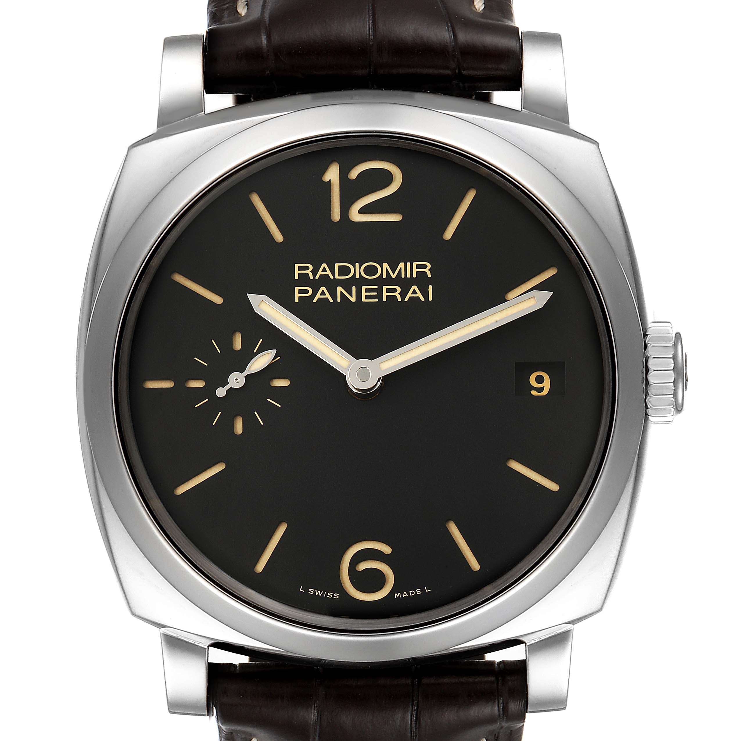 The image shows a front view of the Panerai Radiomir PAM00514 Men's Stainless Steel Black Dial PAM00514 Men's Stainless Steel Black Dial watch, displaying the dial and case, along with a partial glimpse of the strap.