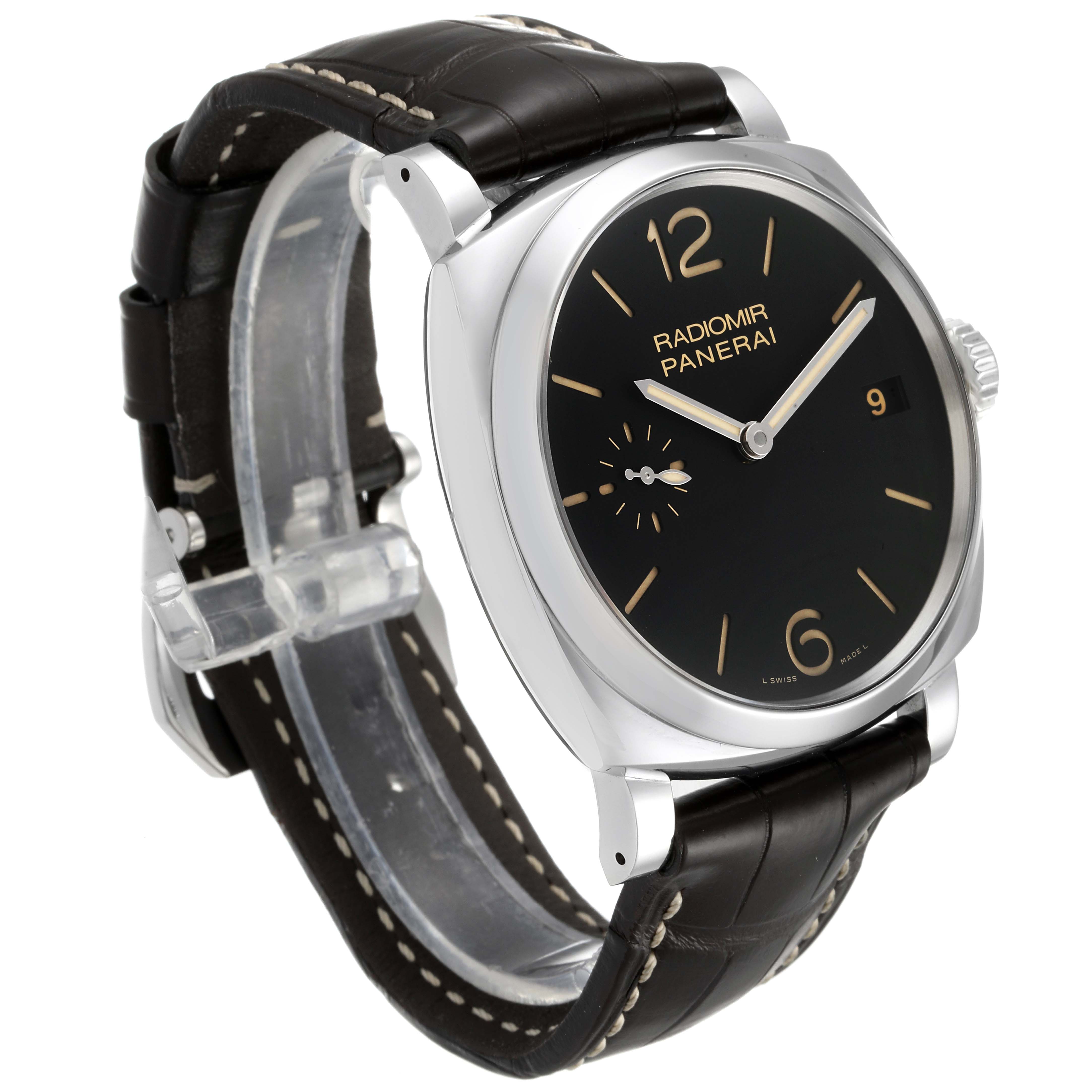 The image shows a side-angled view of a Panerai Radiomir PAM00514 Men's Stainless Steel Black Dial PAM00514 Men's Stainless Steel Black Dial watch, highlighting its dial, case, crown, and leather strap.
