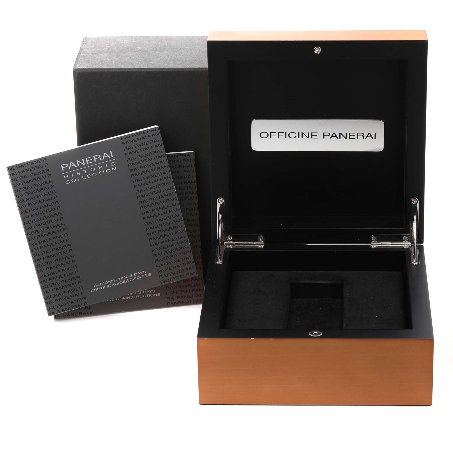 This image shows an open Panerai Radiomir PAM00514 Men's Stainless Steel Black Dial PAM00514 Men's Stainless Steel Black Dial watch box with accompanying manuals and certificates.