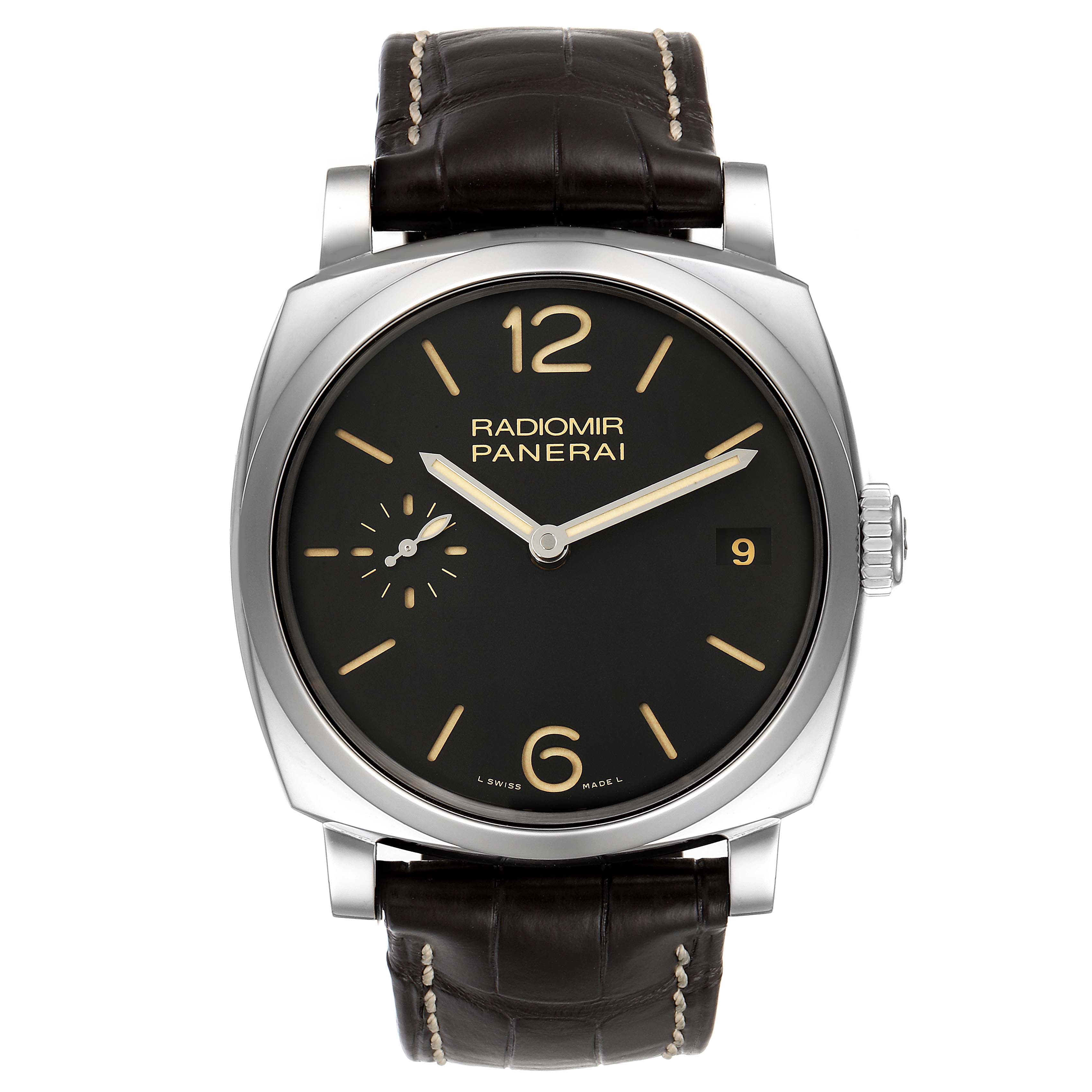The image shows a front view of the Panerai Radiomir PAM00514 Men's Stainless Steel Black Dial PAM00514 Men's Stainless Steel Black Dial watch, featuring its black dial, brown leather strap, and stainless steel case.