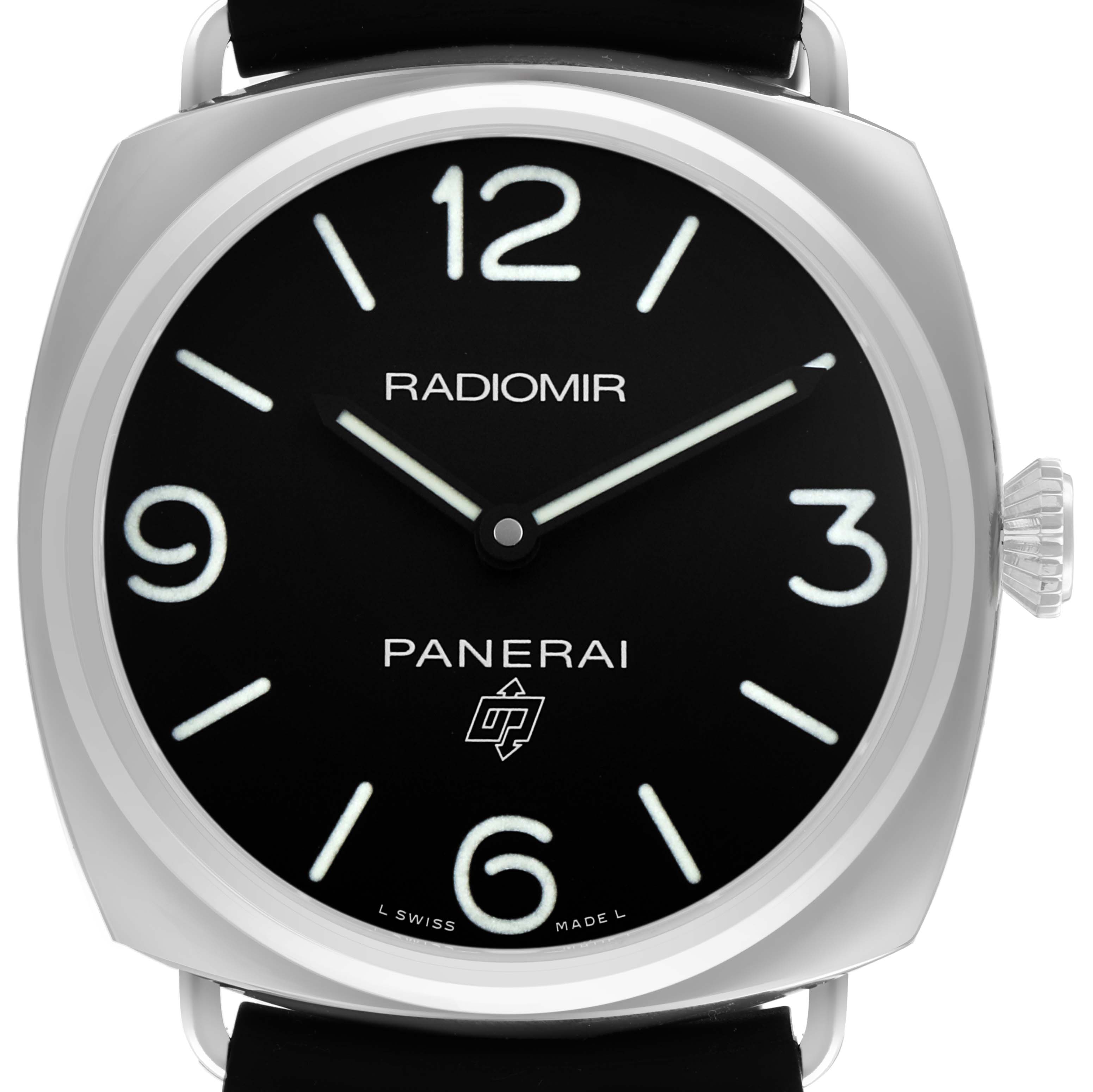 The Panerai Radiomir PAM00753 Men's Stainless Steel Black Dial watch is shown from the front, highlighting the dial, hands, numerals, and crown.
