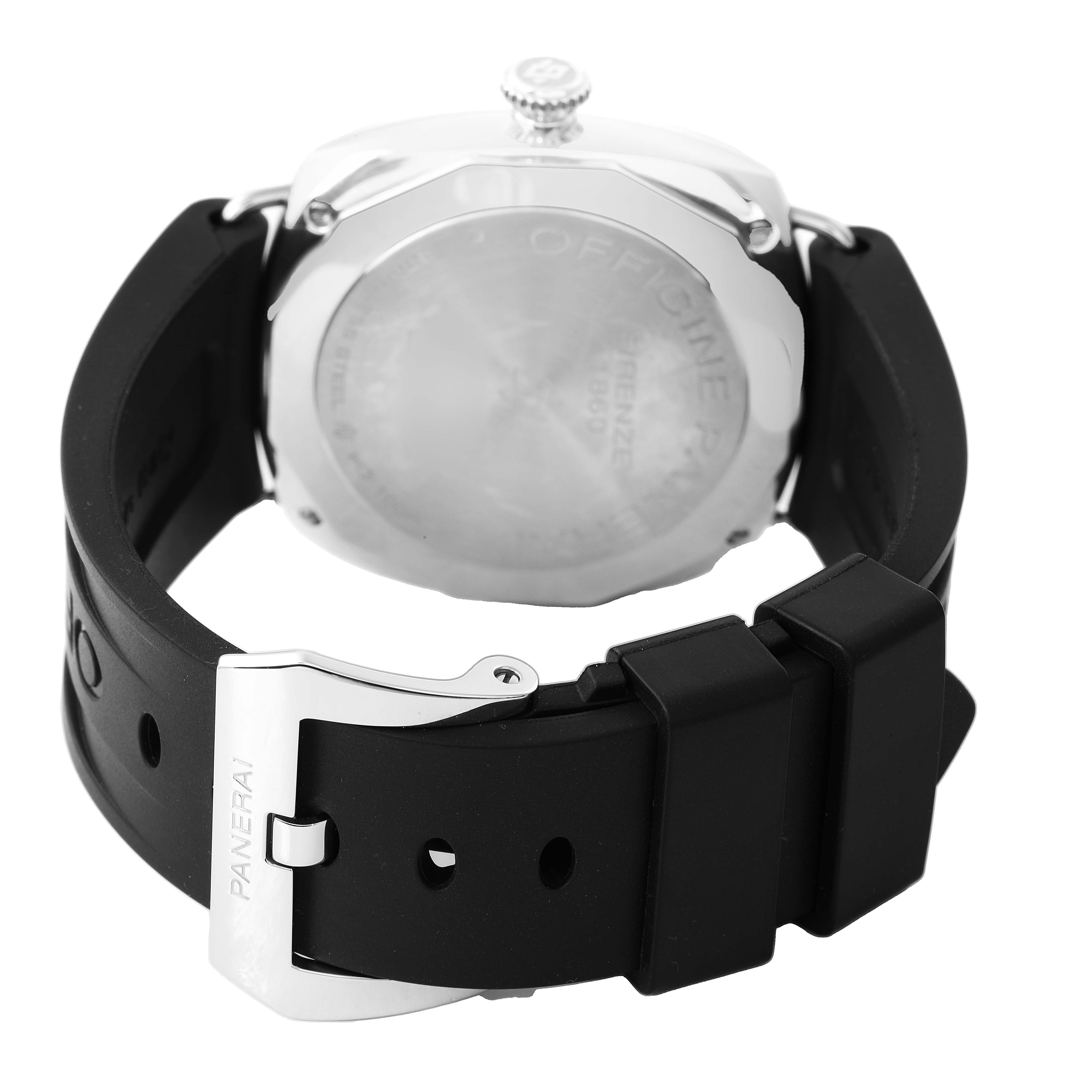 The image shows the back of a Panerai Radiomir PAM00753 Men's Stainless Steel Black Dial watch with focus on the strap and buckle.